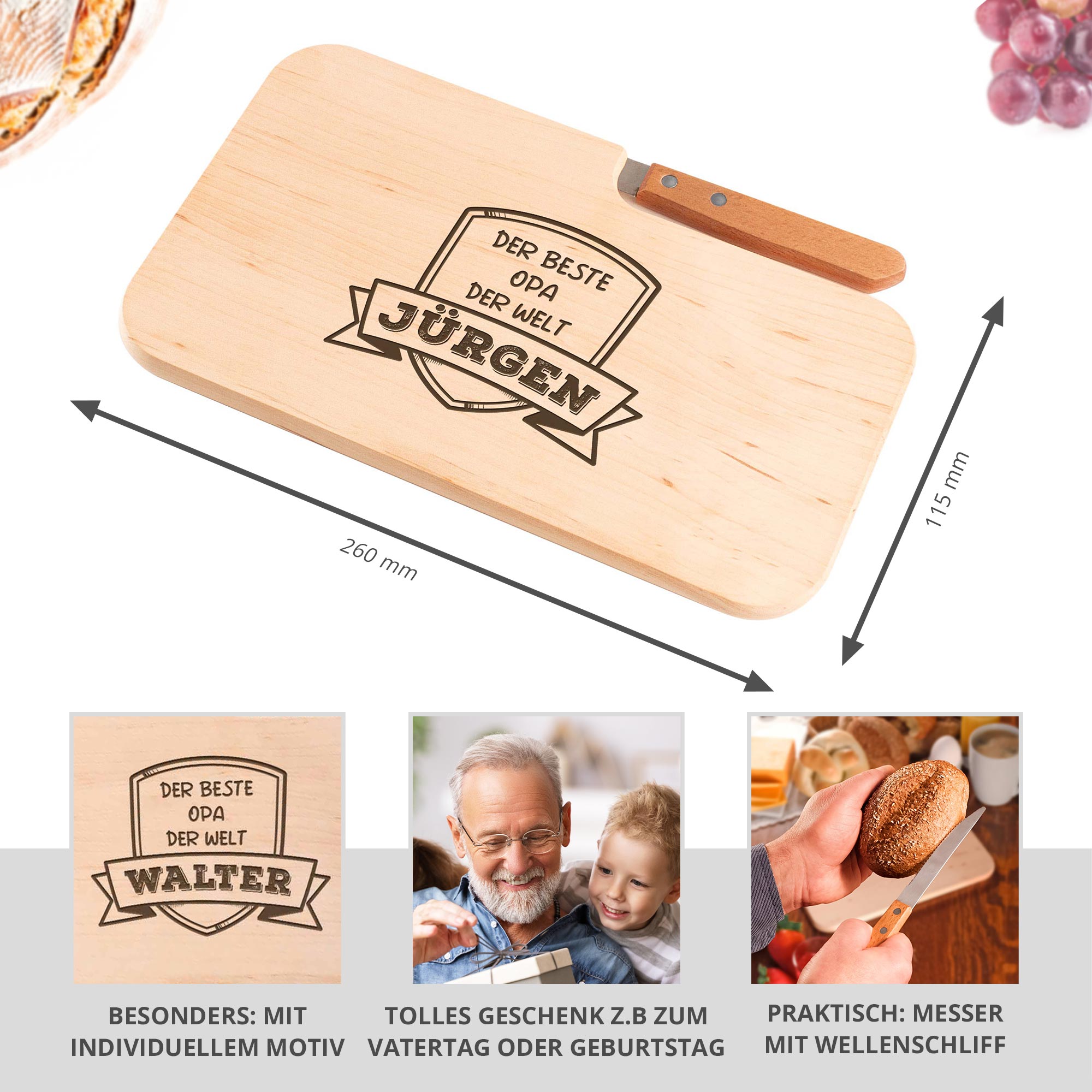 Frühstücksbrett mit Messer für Besten Opa - Name