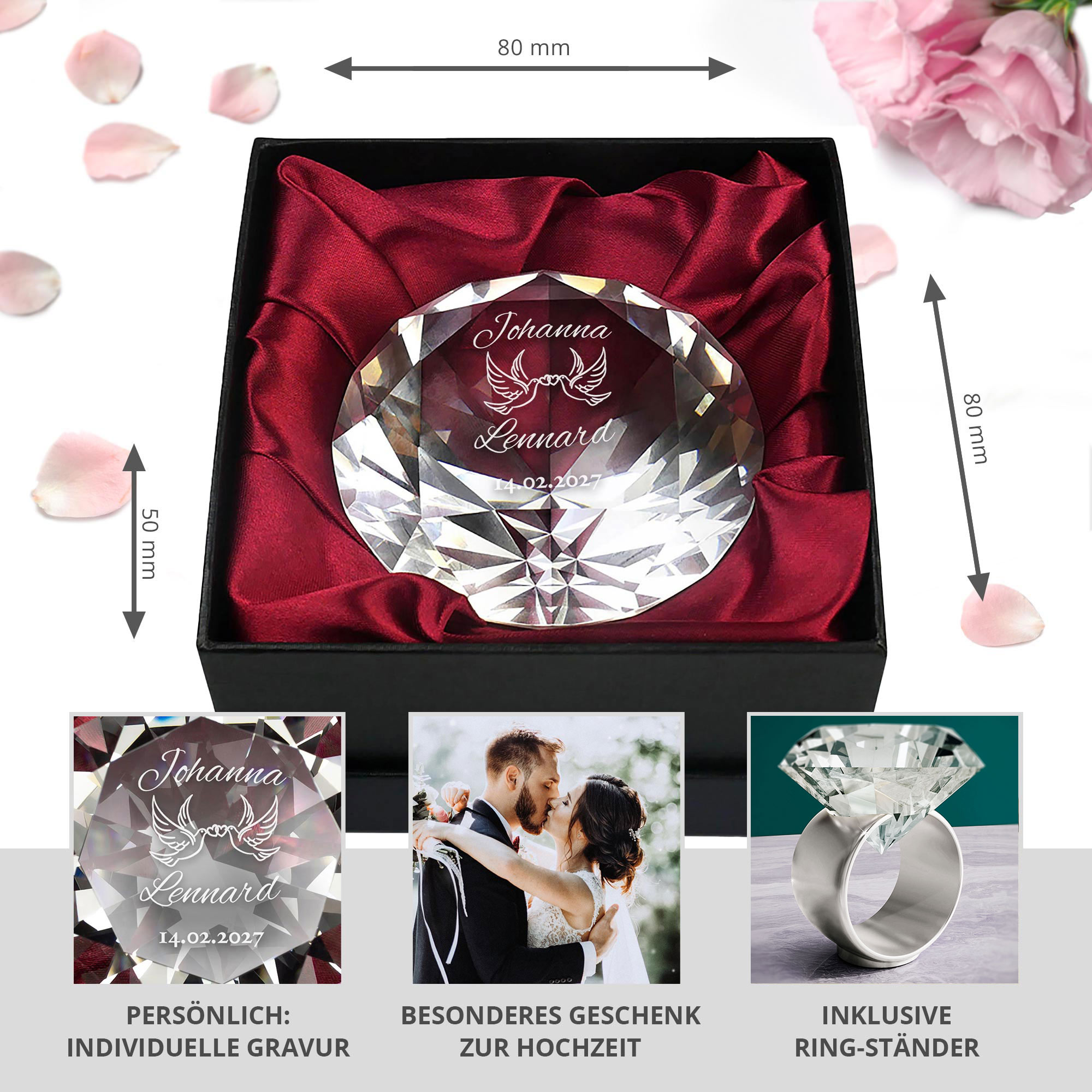 Diamant Kristall mit Liebestauben Gravur und Ring Displayständer Silber Diamant Kristall mit Liebestauben Gravur und Ring Displayständer Silber