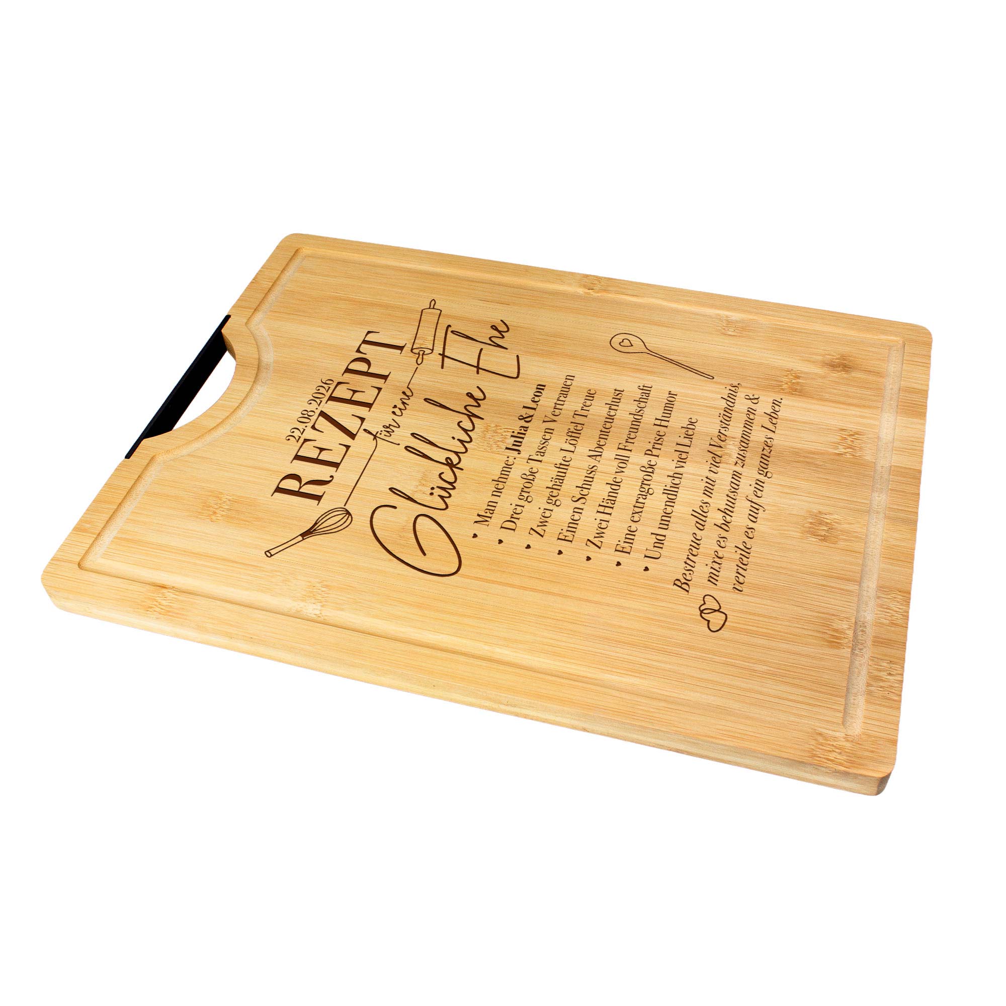 Bambusholz Schneidebrett mit Gravur - Rezept glückliche Ehe Bambusholz Schneidebrett mit Gravur - Rezept glückliche Ehe