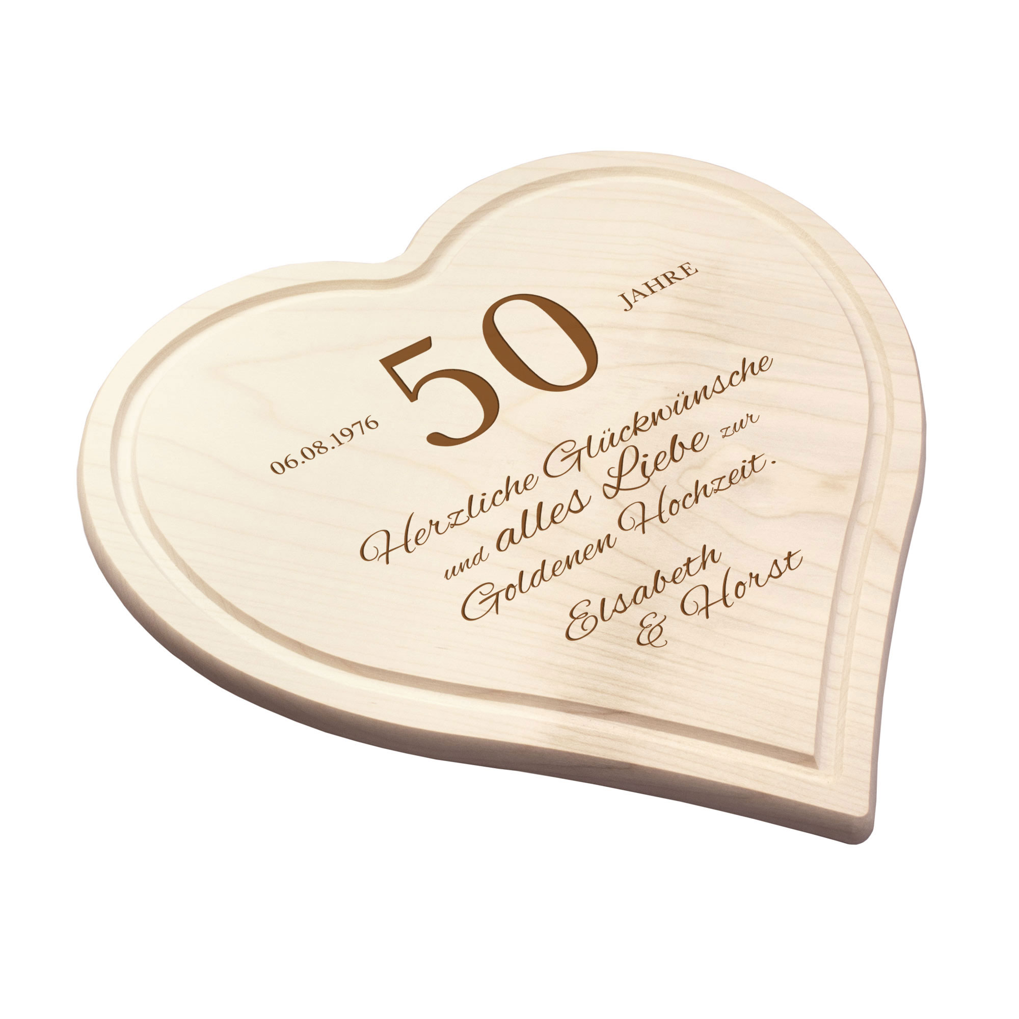 Graviertes Holzherz zur Goldenen Hochzeit Graviertes Holzherz zur Goldenen Hochzeit