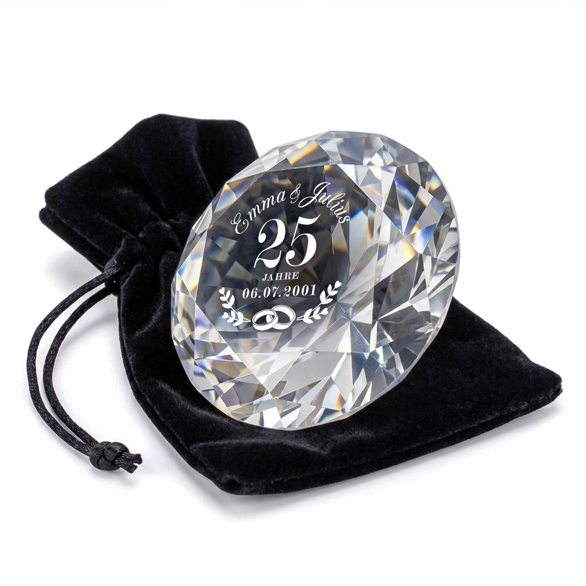 Diamant Kristall mit Gravur und Samtsäckchen - Silberhochzeit