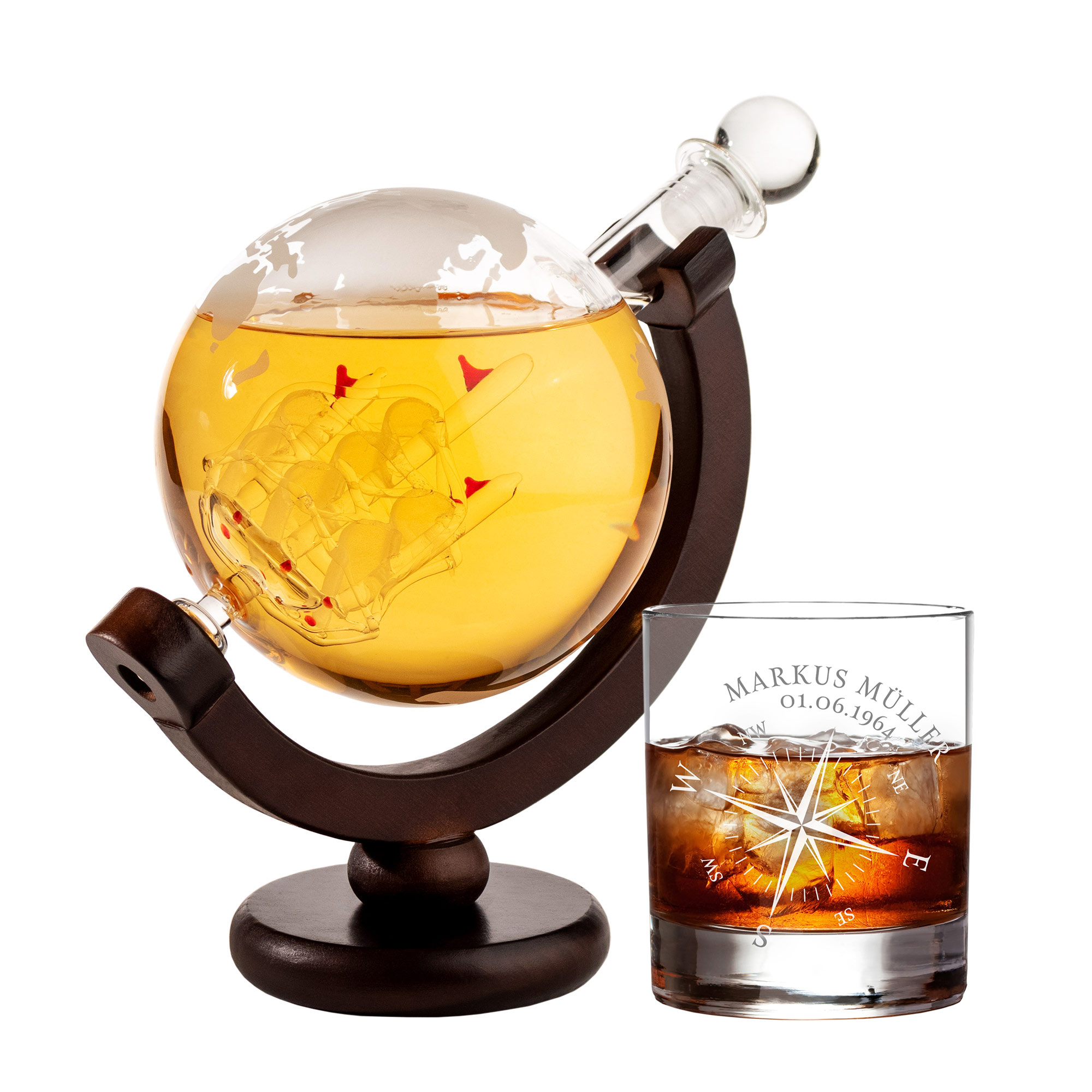 Whisky Set mit Globus Karaffe und Glas - Kompass