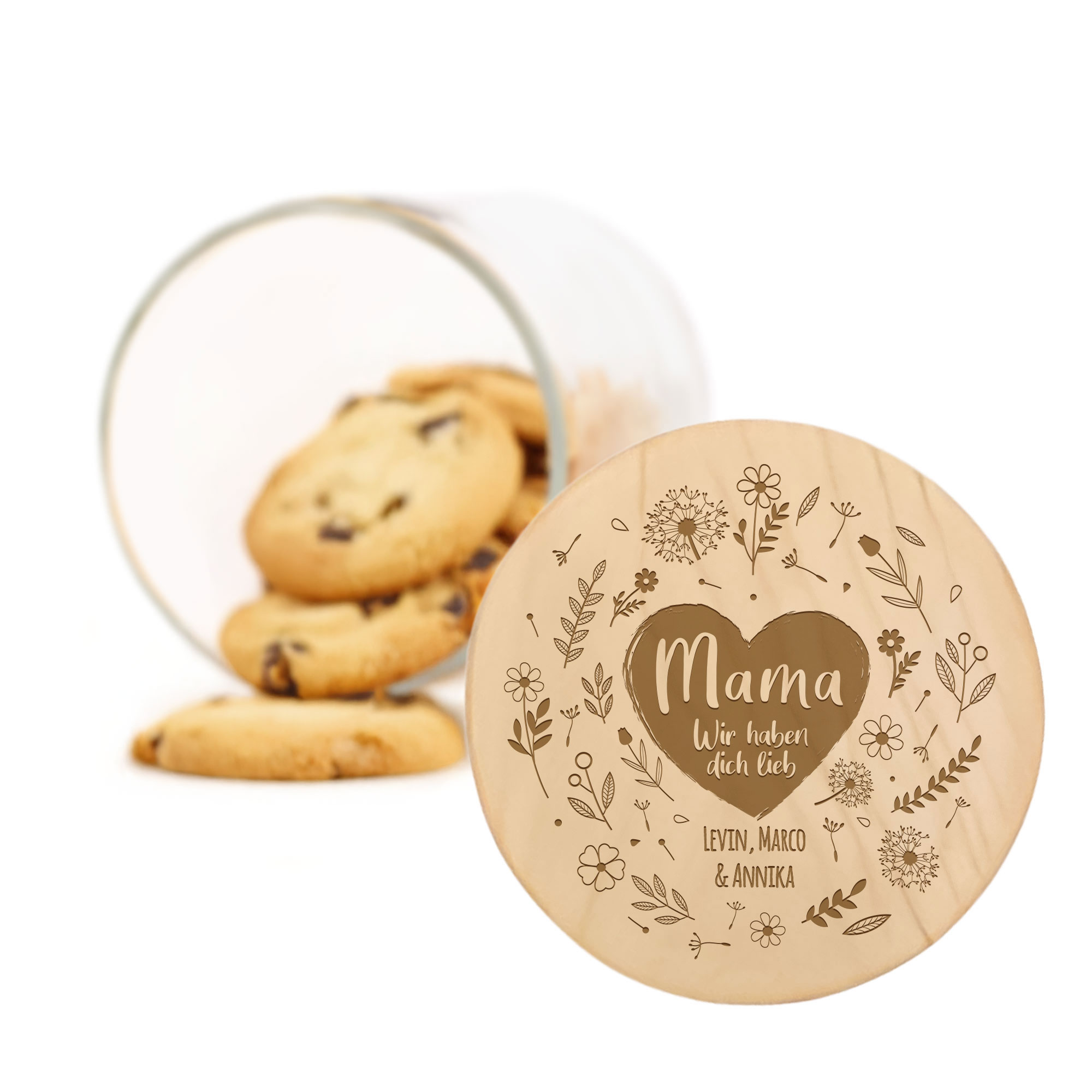 Vorratsglas mit Gravur - Blumenherz für Mama Vorratsglas mit Gravur - Blumenherz für Mama