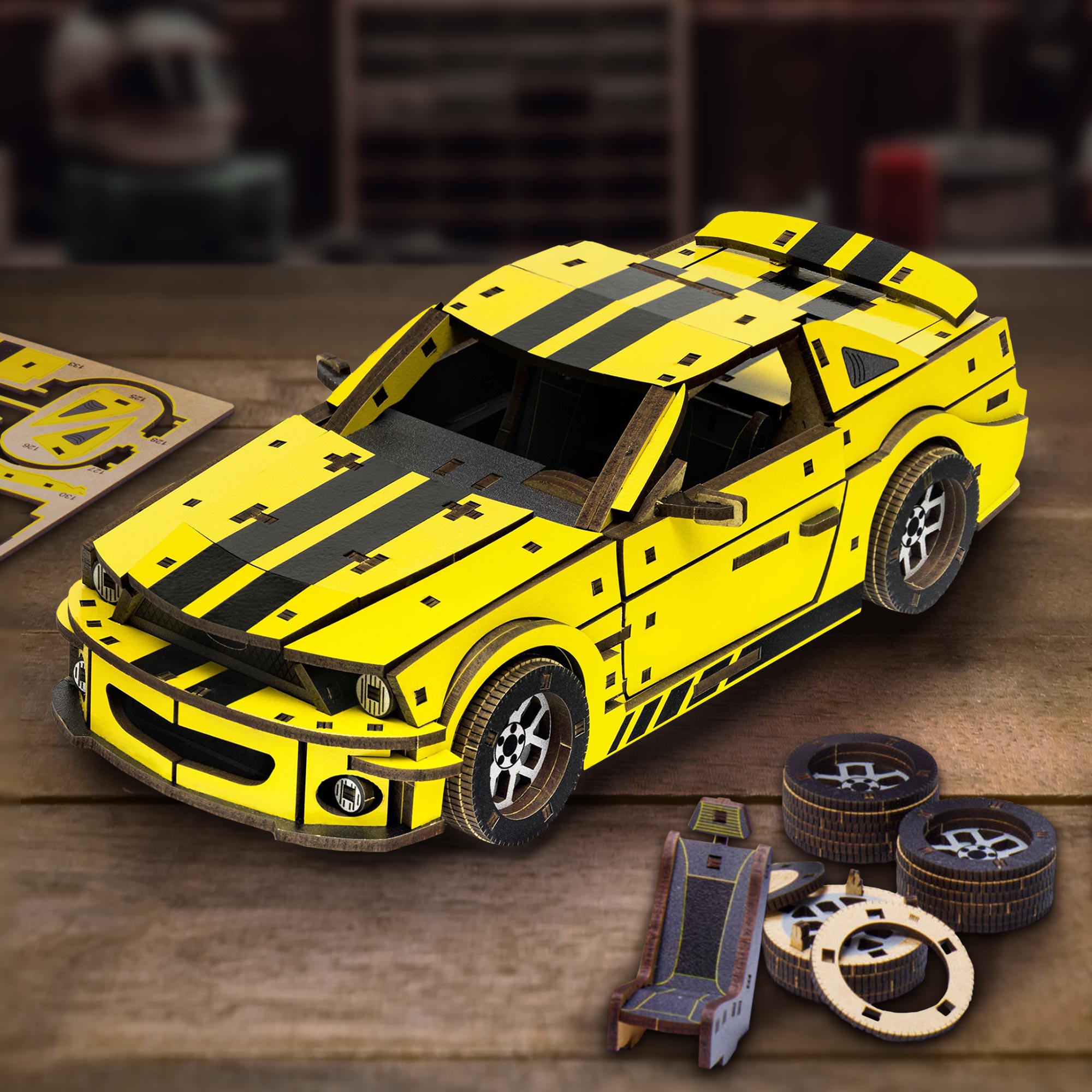 Holzpuzzle 3D - Auto - Stallion GT Gelb Holzpuzzle 3D - Auto - Stallion GT Gelb