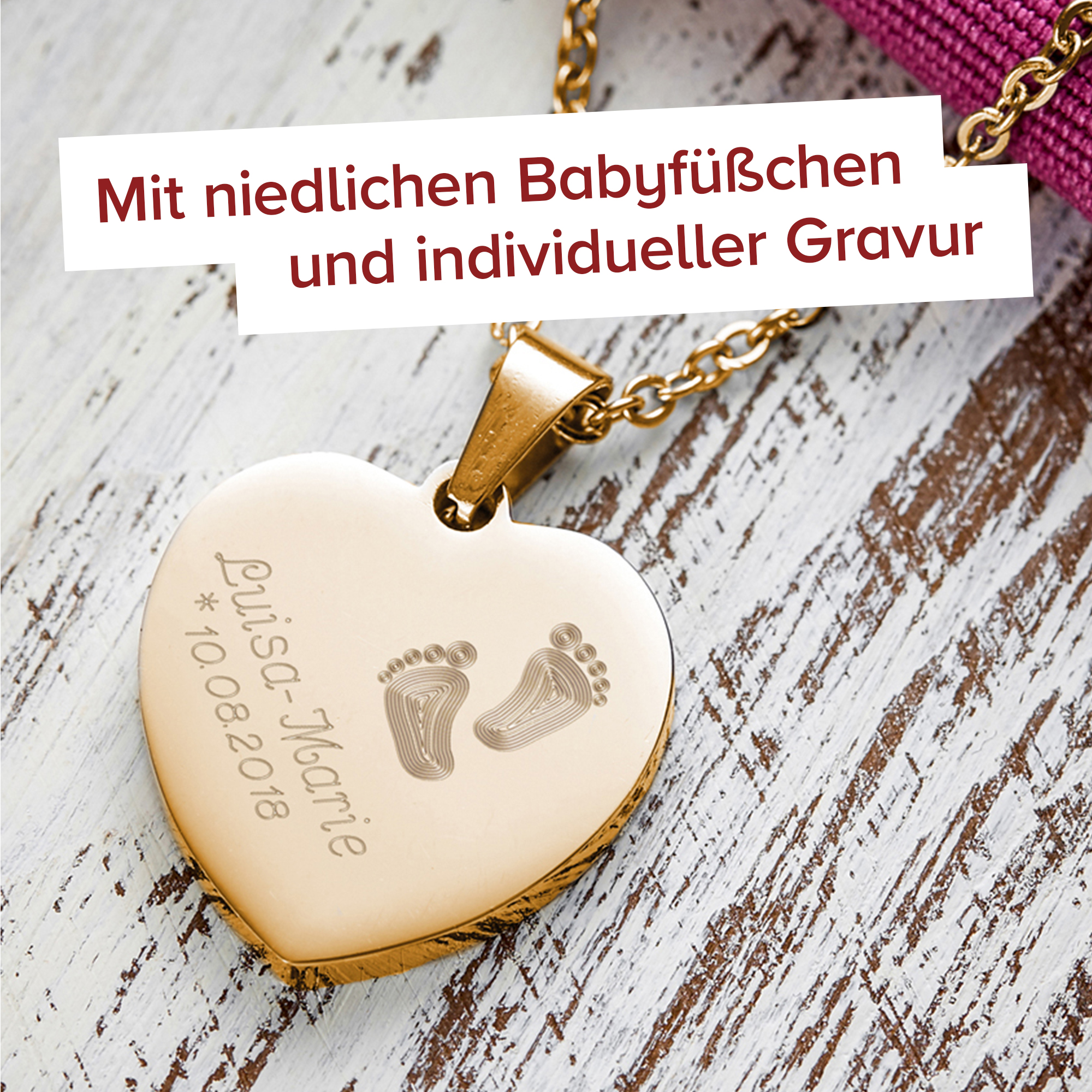 Herzanhänger Gold graviert mit Kette - Babyfüße 4083 - 5