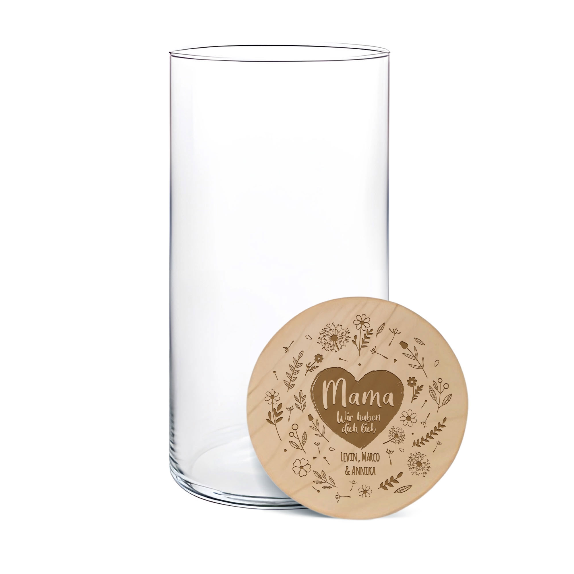 Vorratsglas mit Gravur - Blumenherz für Mama Vorratsglas mit Gravur - Blumenherz für Mama