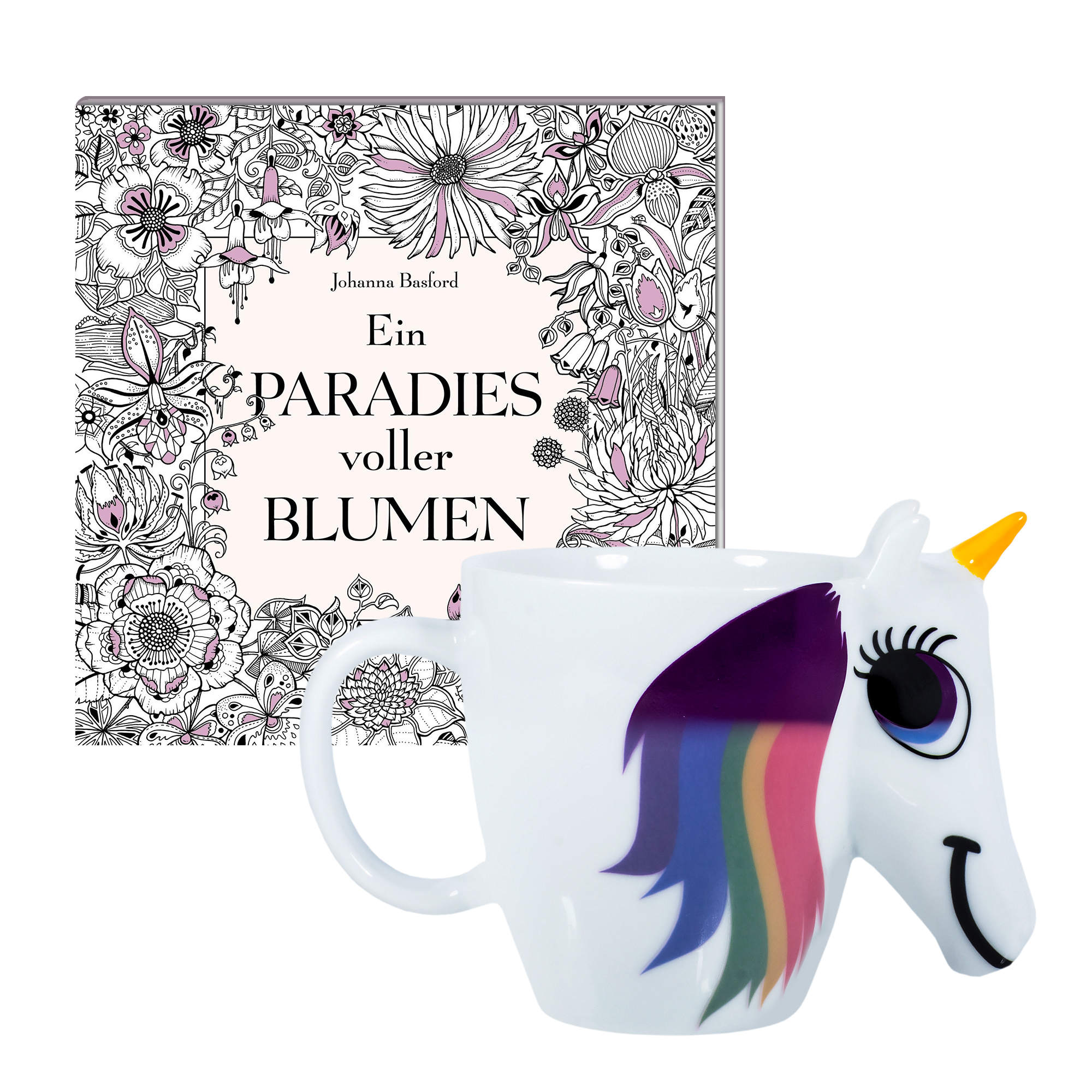 Geschenkset Einhorn Zaubertasse mit Ausmalbuch Blumen 4003 - 1