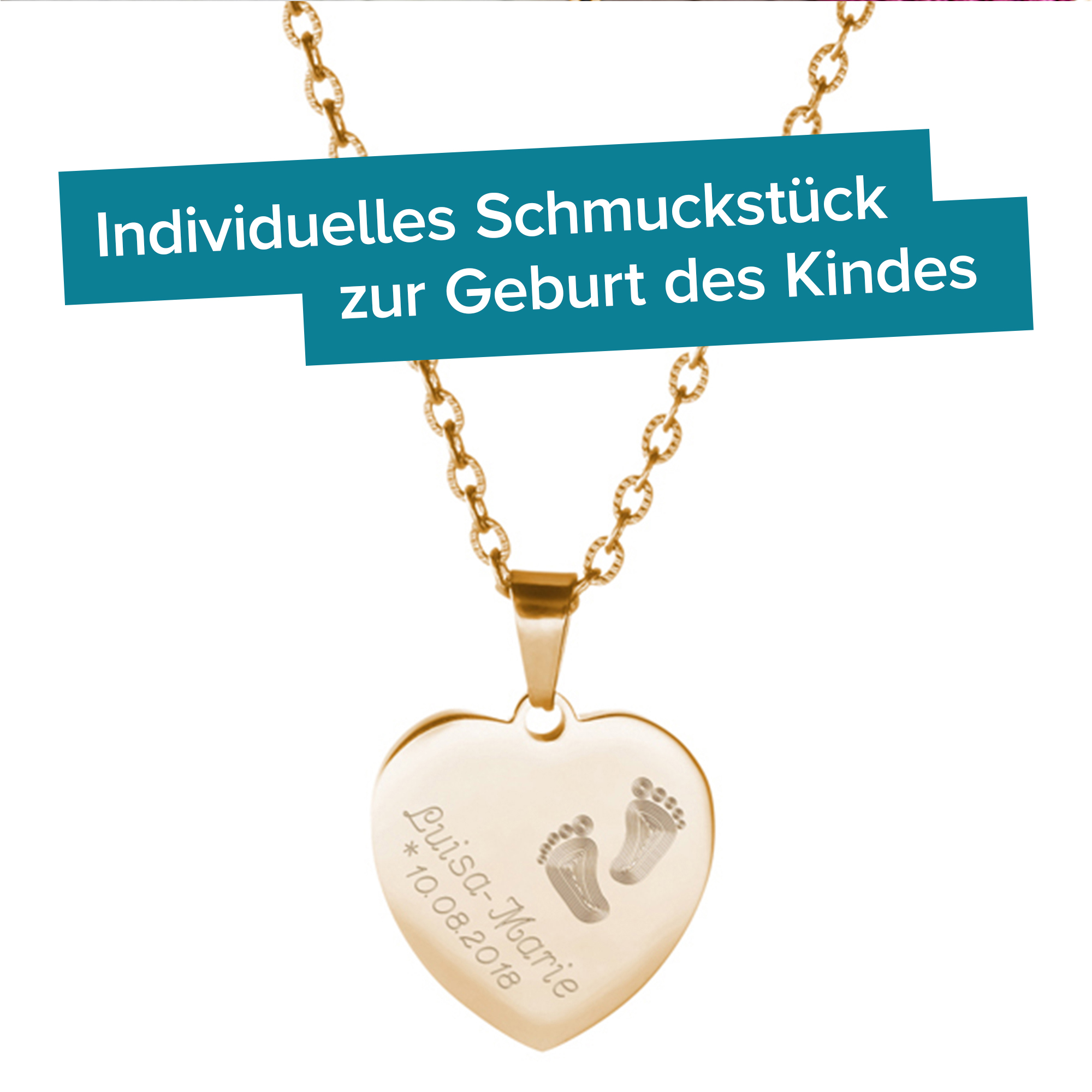 Herzanhänger Gold graviert mit Kette - Babyfüße 4083 - 1