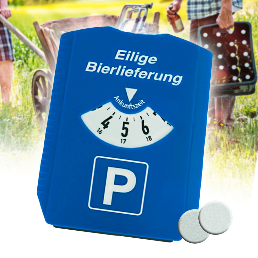 Parkscheibe 3in1 mit Eiskratzer und Einkaufschip - Bierlieferung