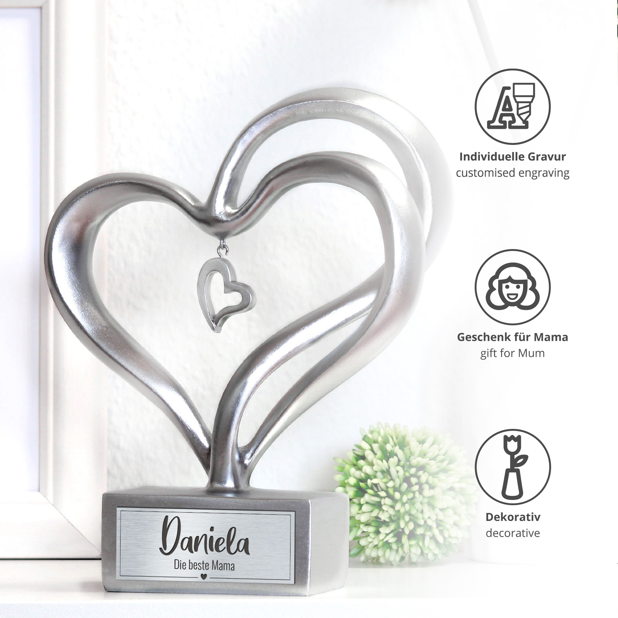 Personalisierte Silber Herz Skulptur für die Beste Mama