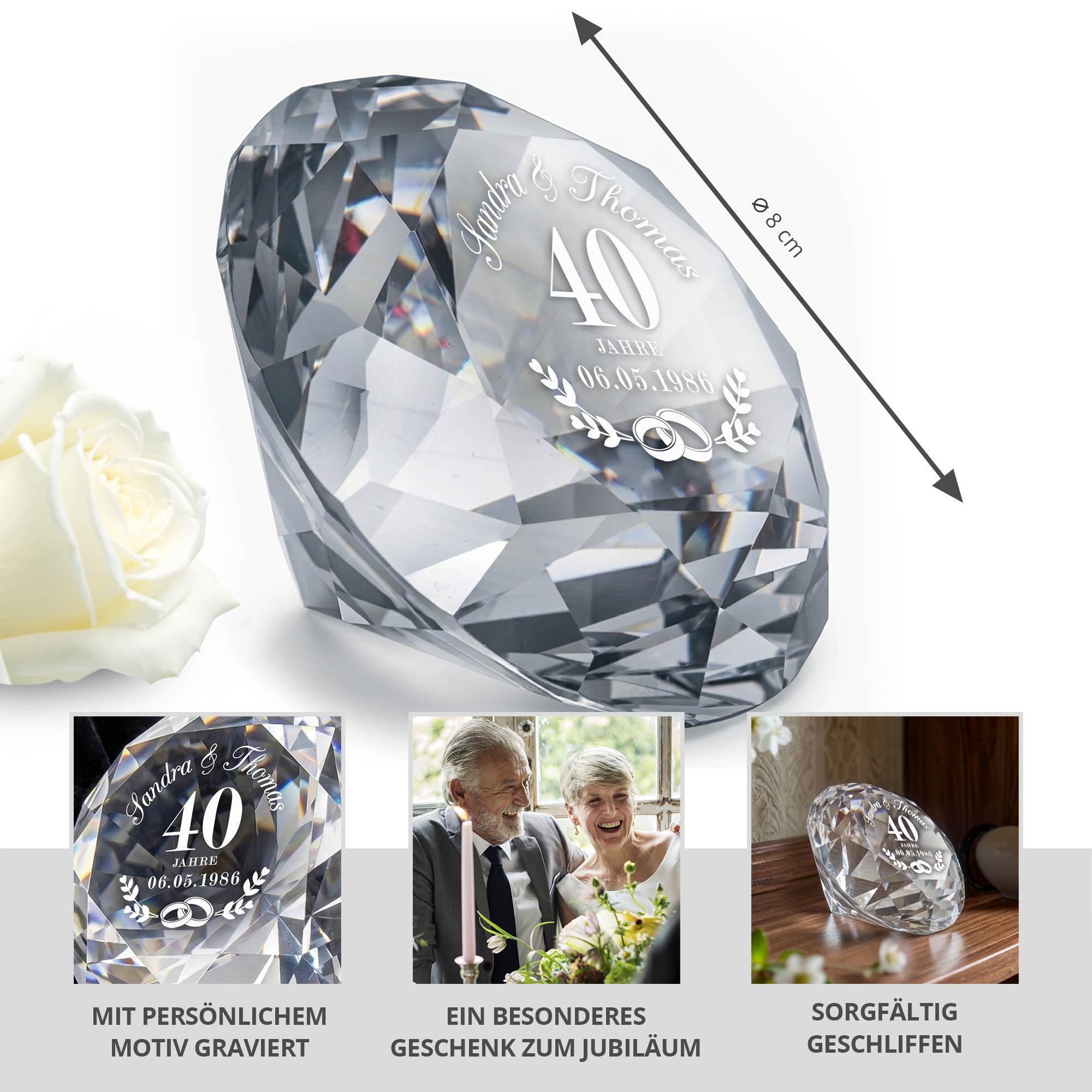 Diamant Kristall mit Gravur und Samtsäckchen - Rubinhochzeit