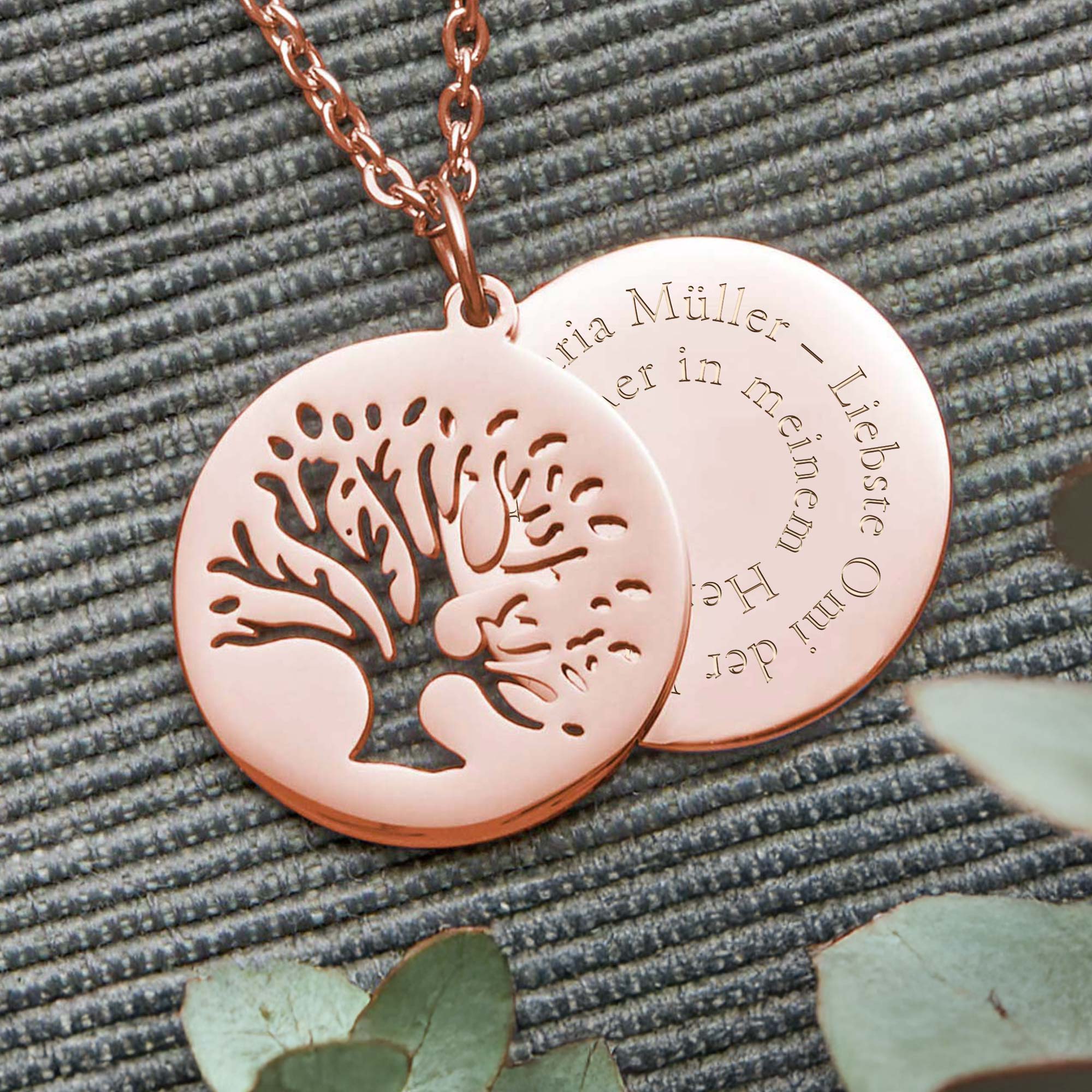 Personalisierte Kette Roségold mit 2 Anhängern - Lebensbaum