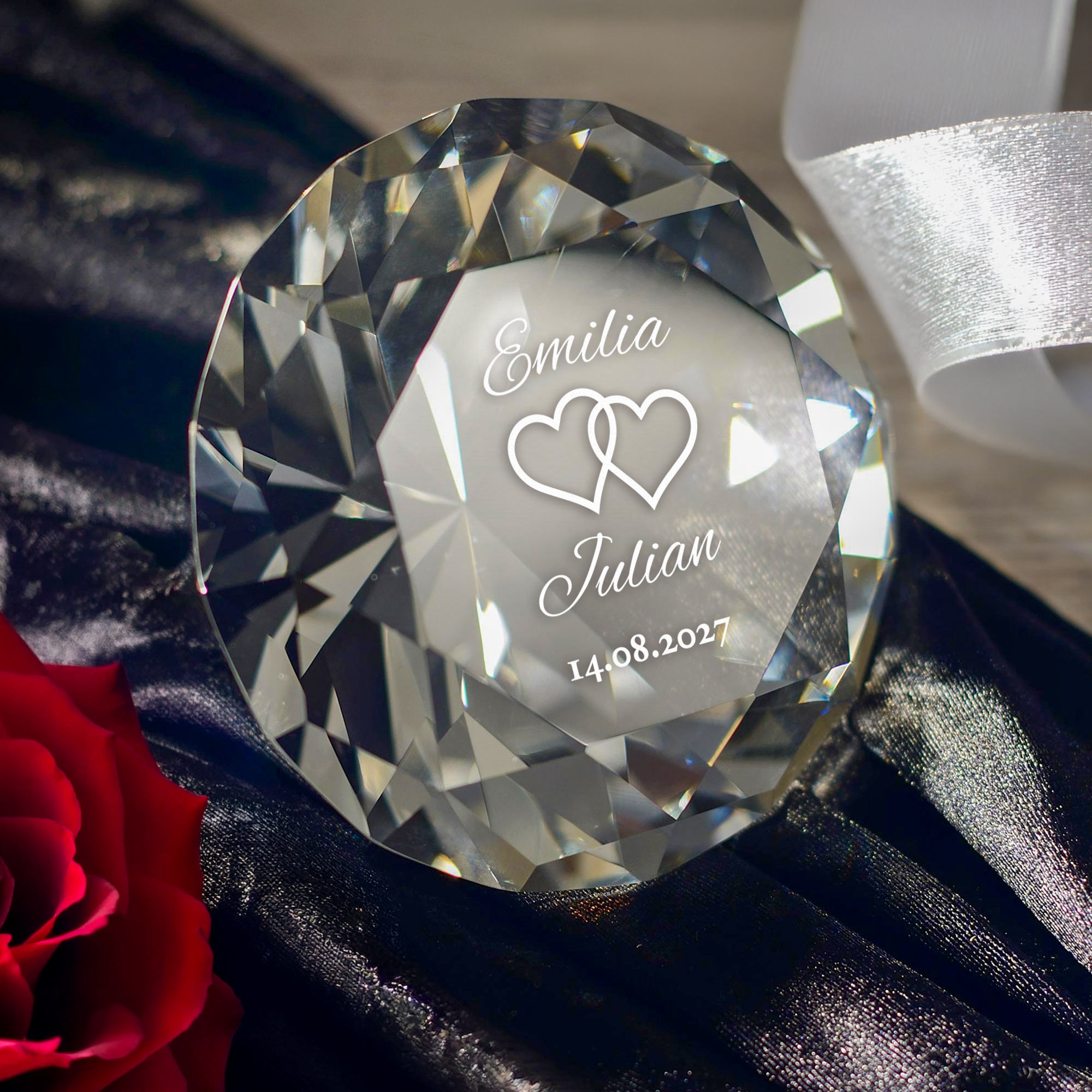 Diamant Kristall mit Gravur zur Hochzeit und Ring Displayständer Silber Diamant Kristall mit Gravur zur Hochzeit und Ring Displayständer Silber