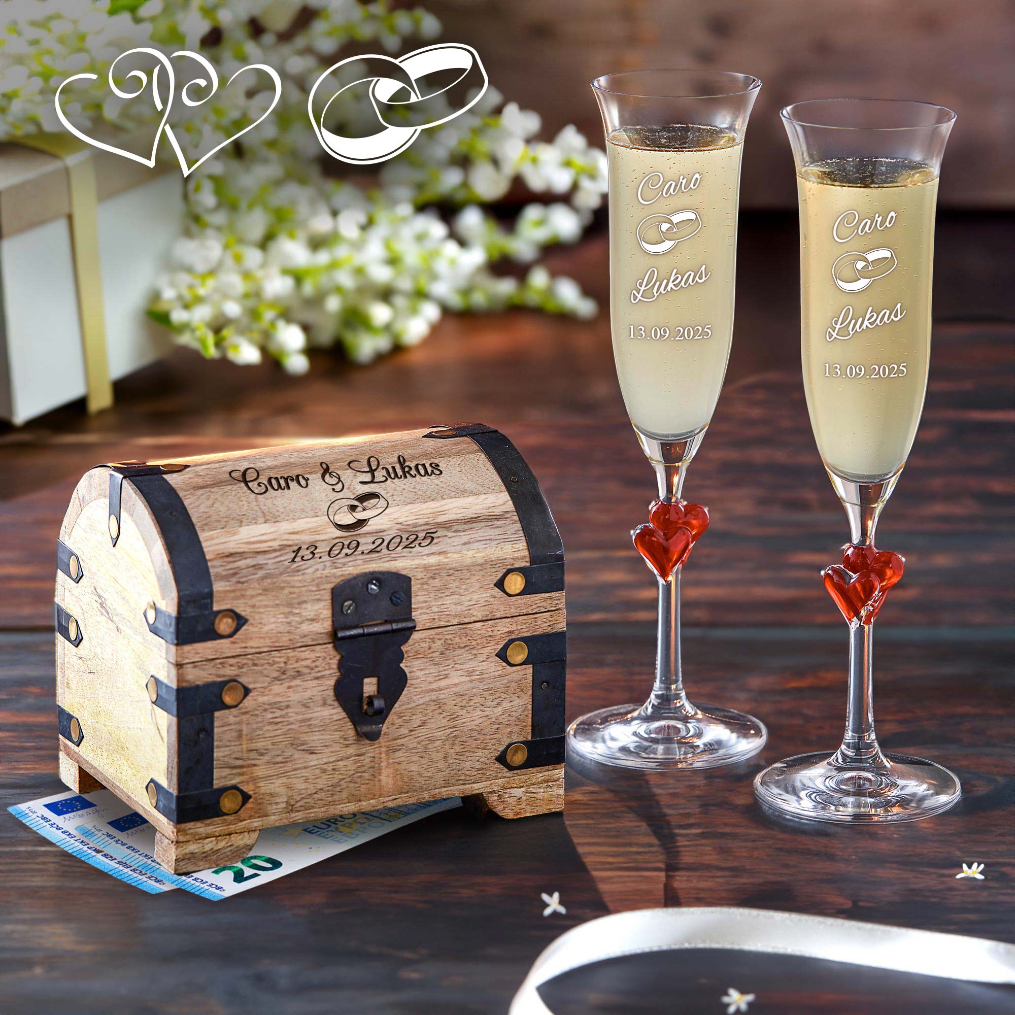 Hochzeitsset - Herzen Sektgläser und Schatztruhe zur Hochzeit