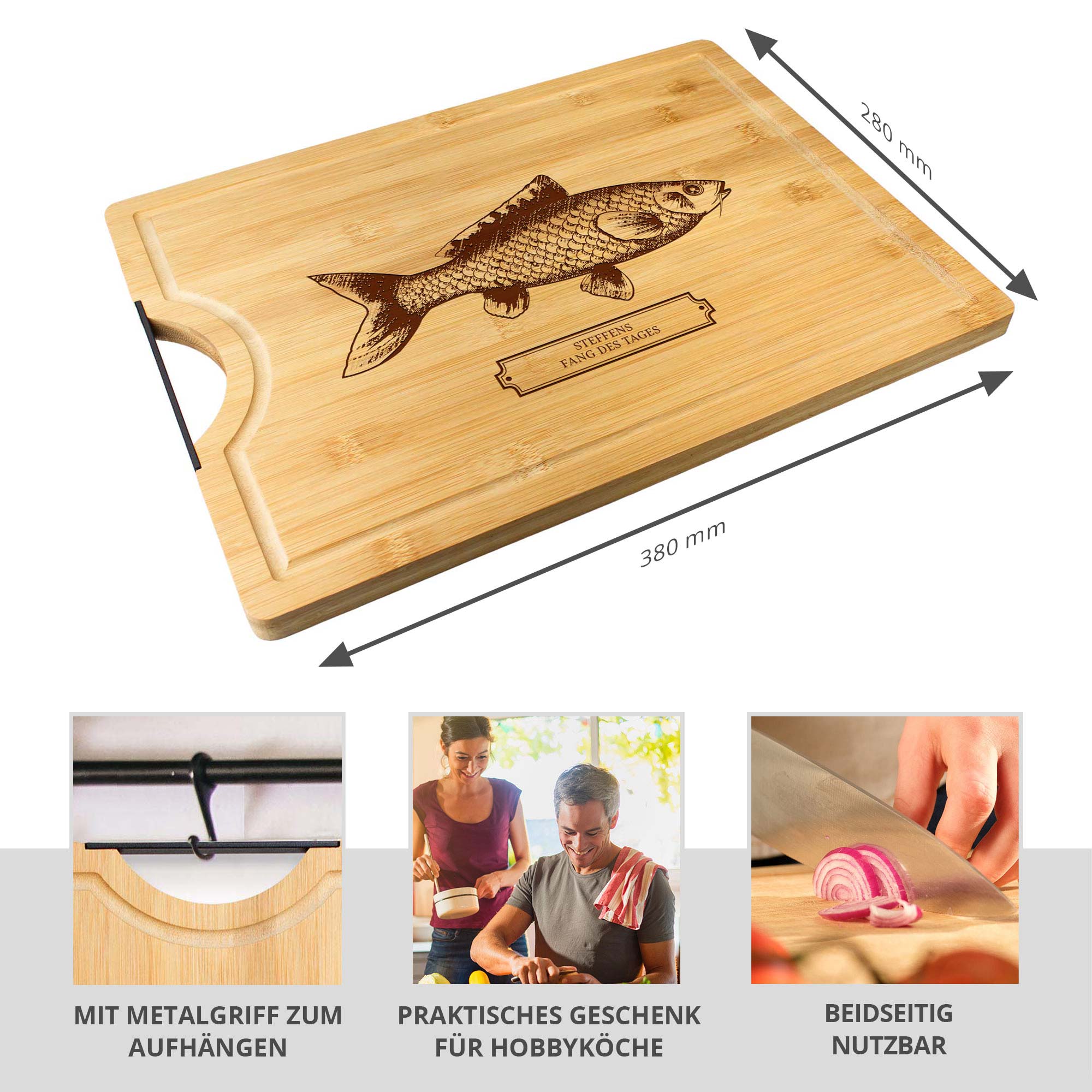 Bambusholz Schneidebrett mit Gravur - Fisch - Name