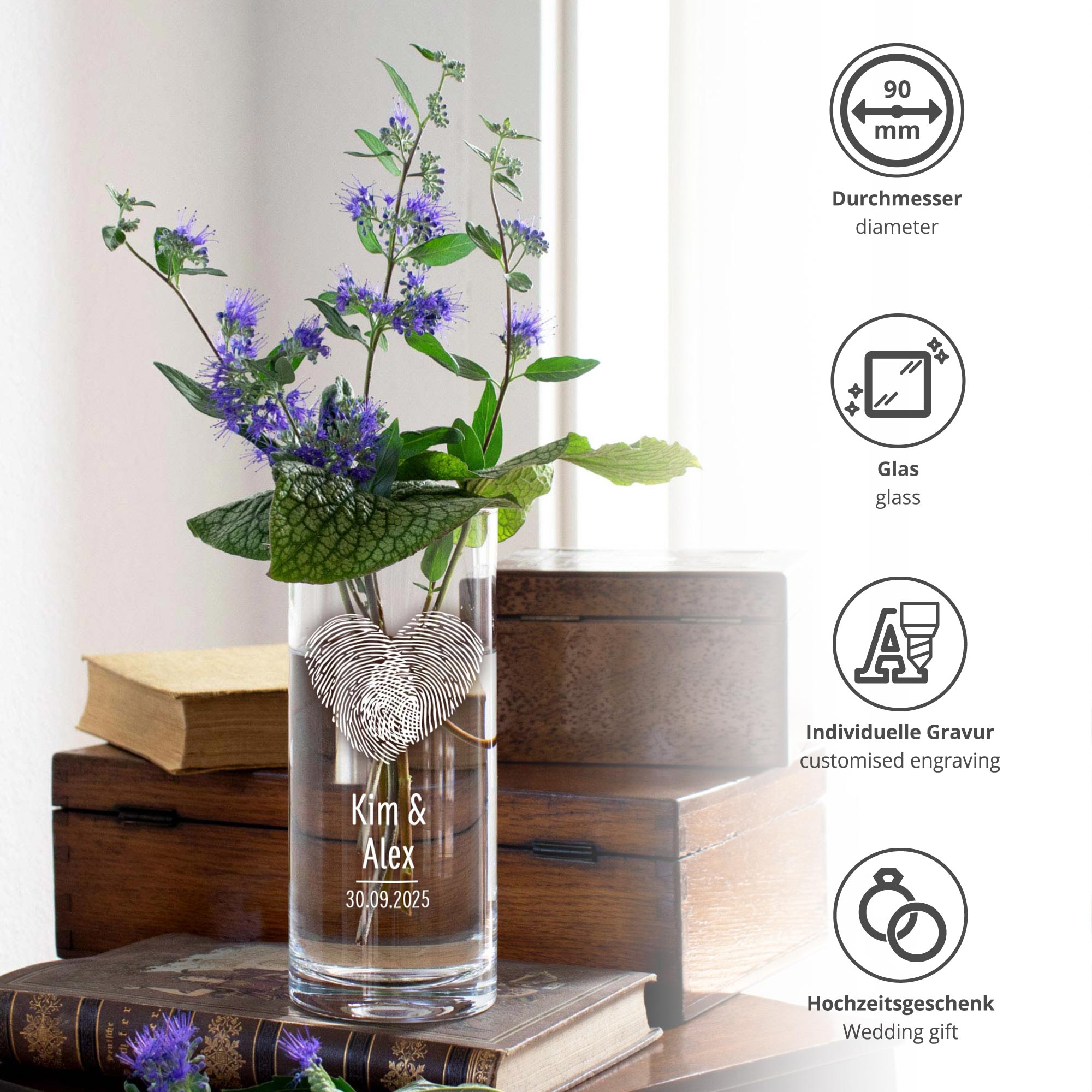 Runde Vase mit Gravur - Fingerabdruck Herz Runde Vase mit Gravur - Fingerabdruck Herz