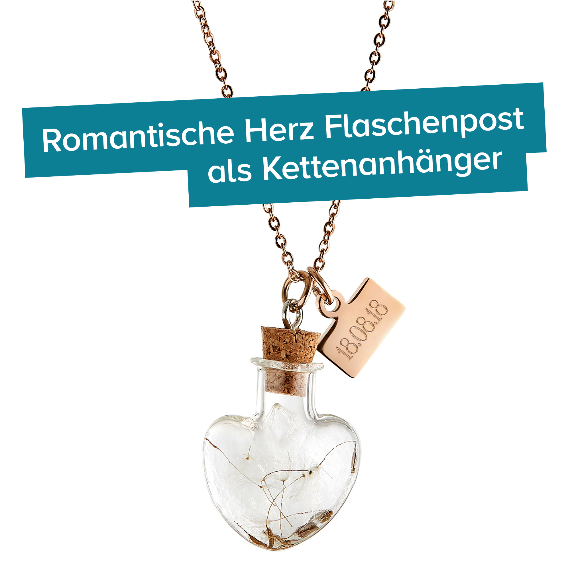 Herz Kettenanhänger Flaschenpost Rosegold - Datum Gravur 4016 - 5