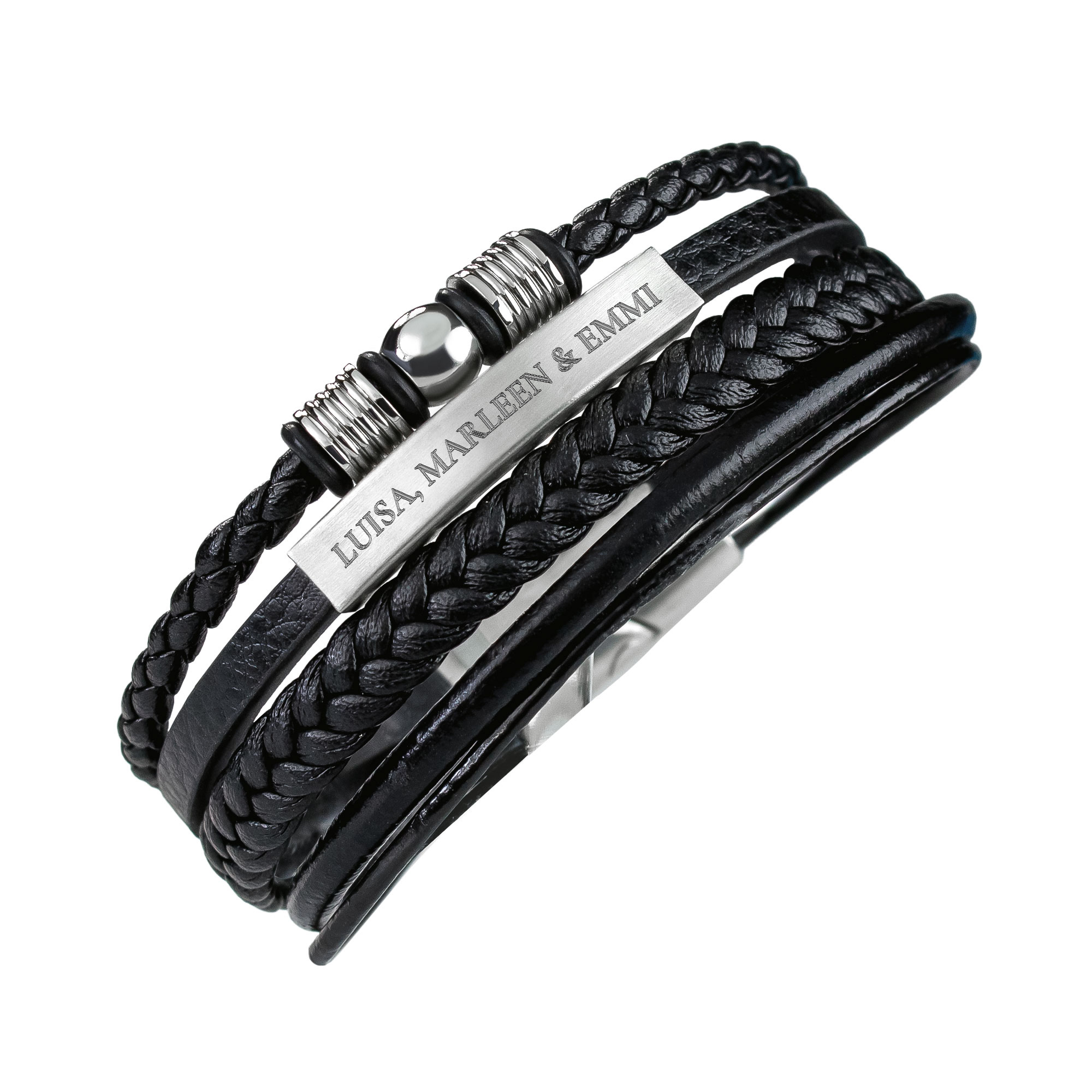 Geflochtenes Lederarmband mit Beads Silber - mit Gravur