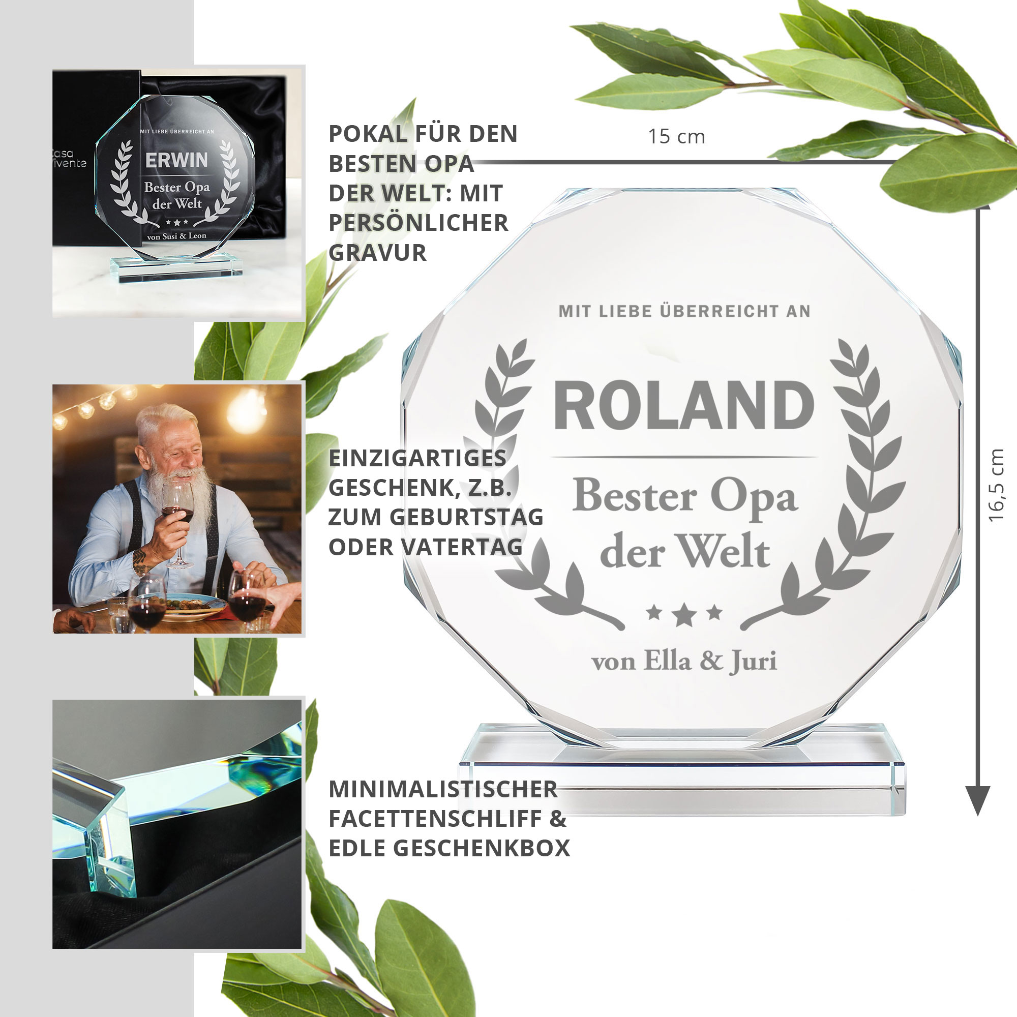Personalisierter Glaspokal mit Facettenschliff - Auszeichnung für Bester Opa Personalisierter Glaspokal mit Facettenschliff - Auszeichnung für Bester Opa