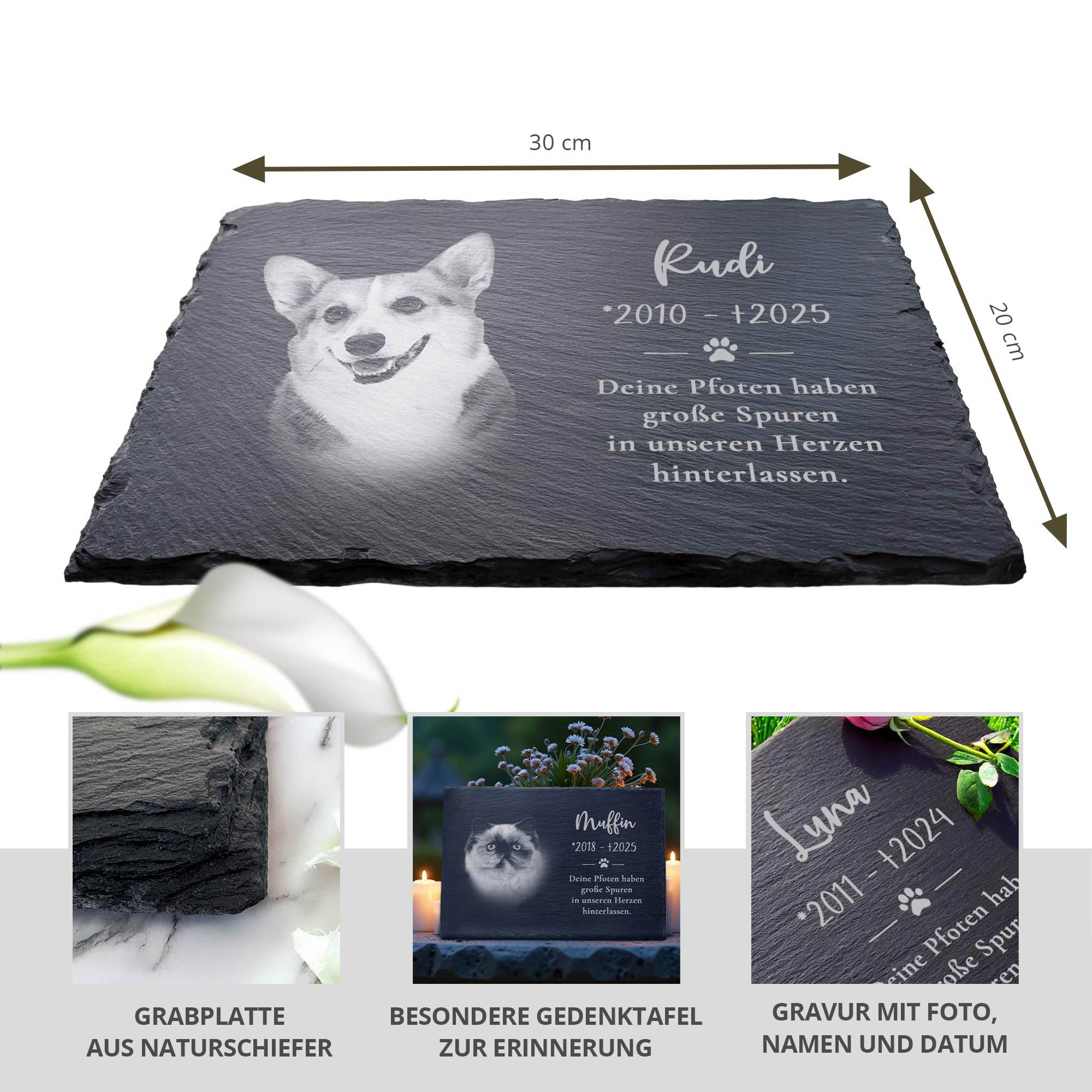 Grabplatte zur Trauer Hund & Katze - Schiefer Gedenktafel mit Foto