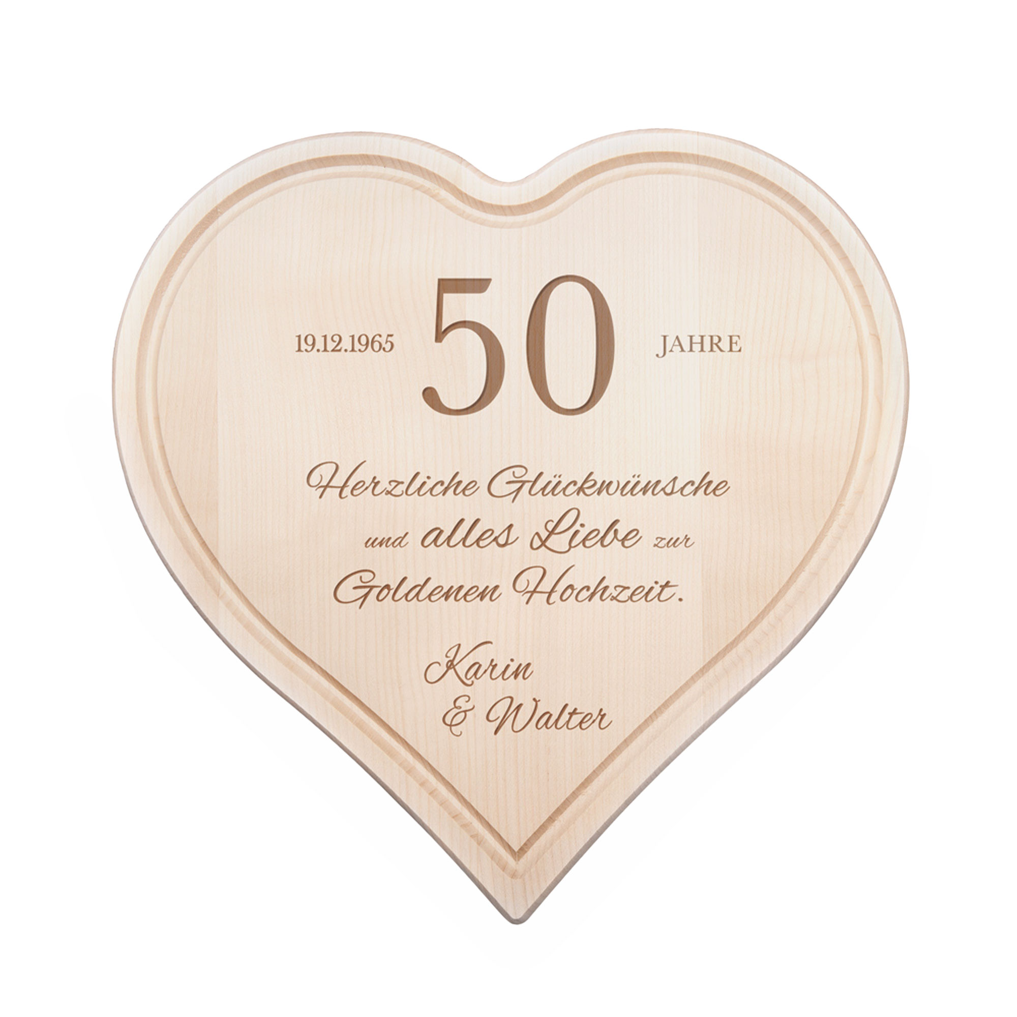 Graviertes Holzherz zur Goldenen Hochzeit Graviertes Holzherz zur Goldenen Hochzeit