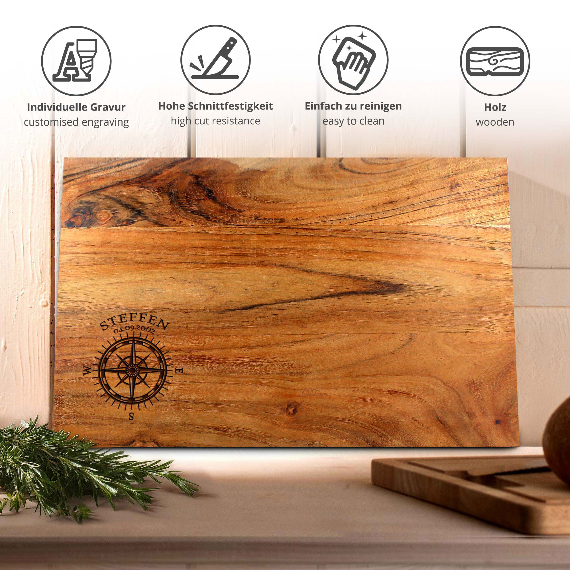 Schneideblock mit Griffmulden - Kompass Gravur Schneideblock mit Griffmulden - Kompass Gravur