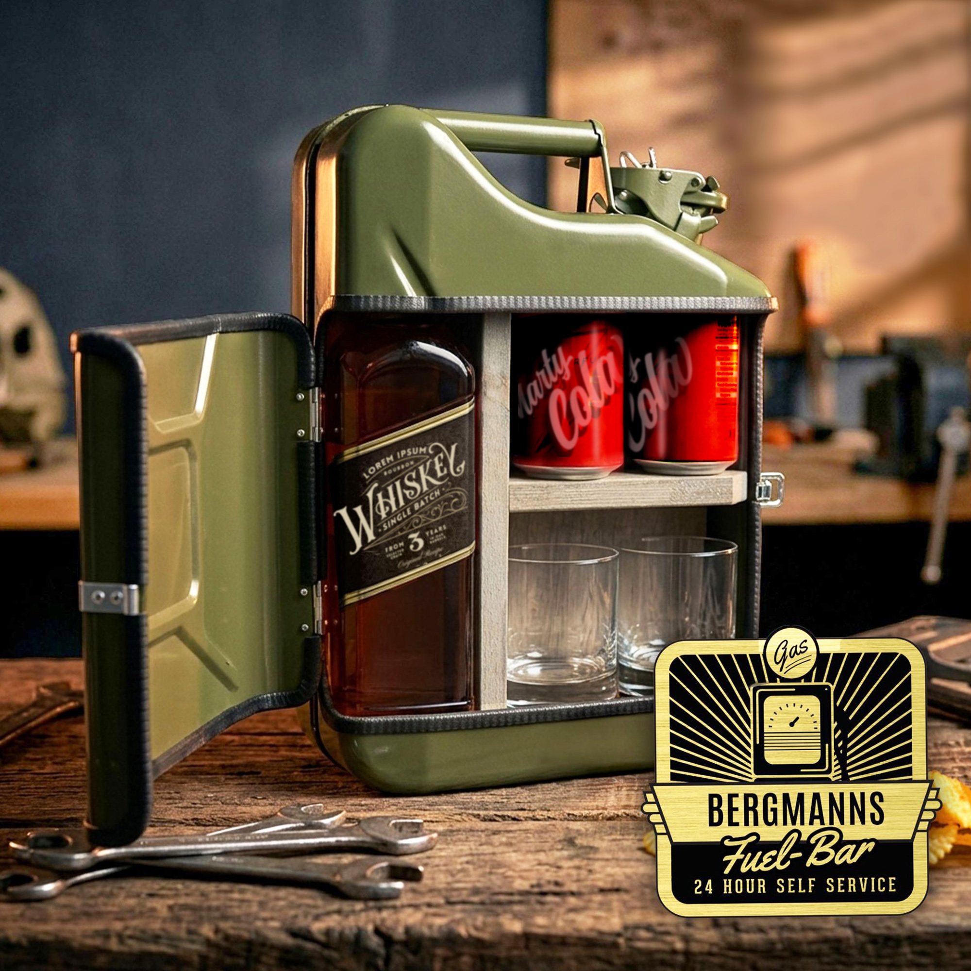 Personalisierte 10l Kanisterbar - grüne Mini Bar mit Barschrank 3-teilig