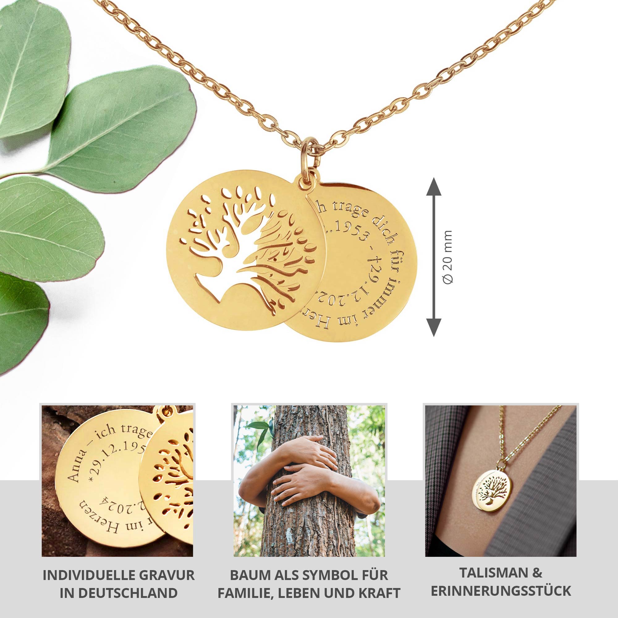 Personalisierte Kette Gold mit 2 Anhängern - Lebensbaum