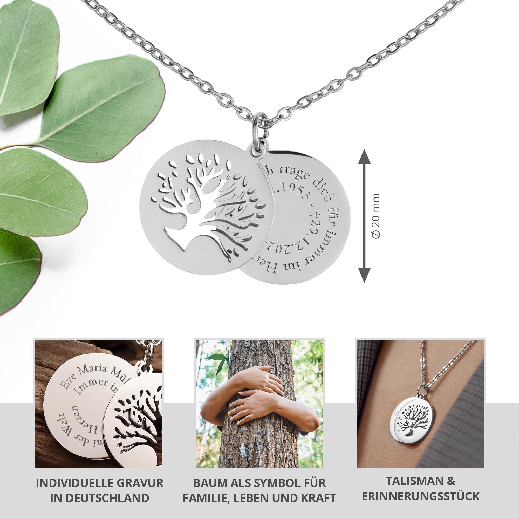 Personalisierte Kette Silber mit 2 Anhängern - Lebensbaum