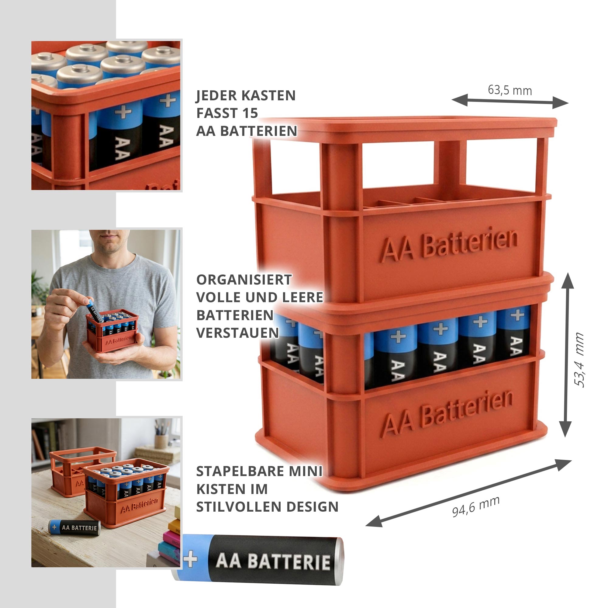 Stapelbare Aufbewahrungsbox für Batterien AA - 2er Set Bierkasten Rot