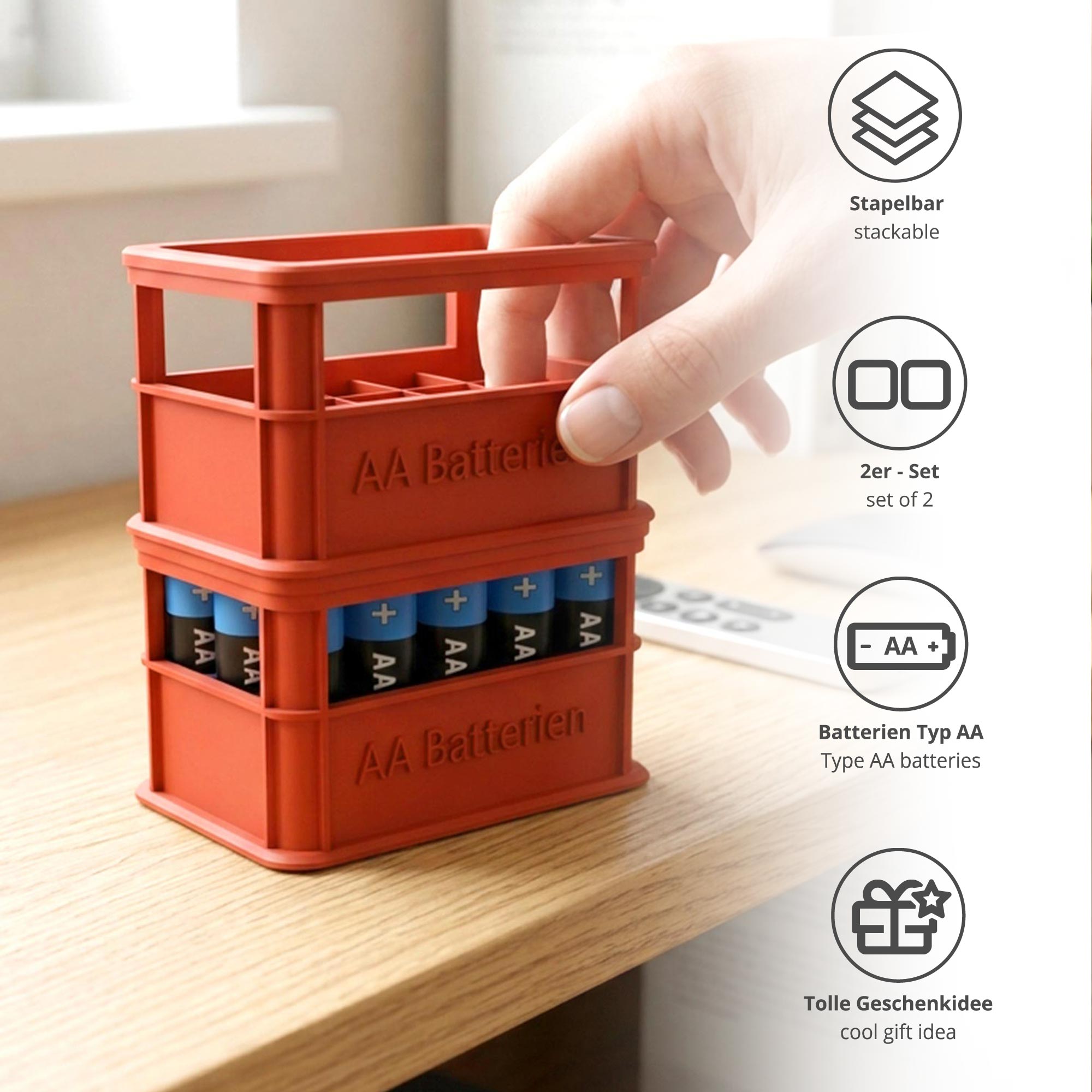 Stapelbare Aufbewahrungsbox für Batterien AA - 2er Set Bierkasten Rot