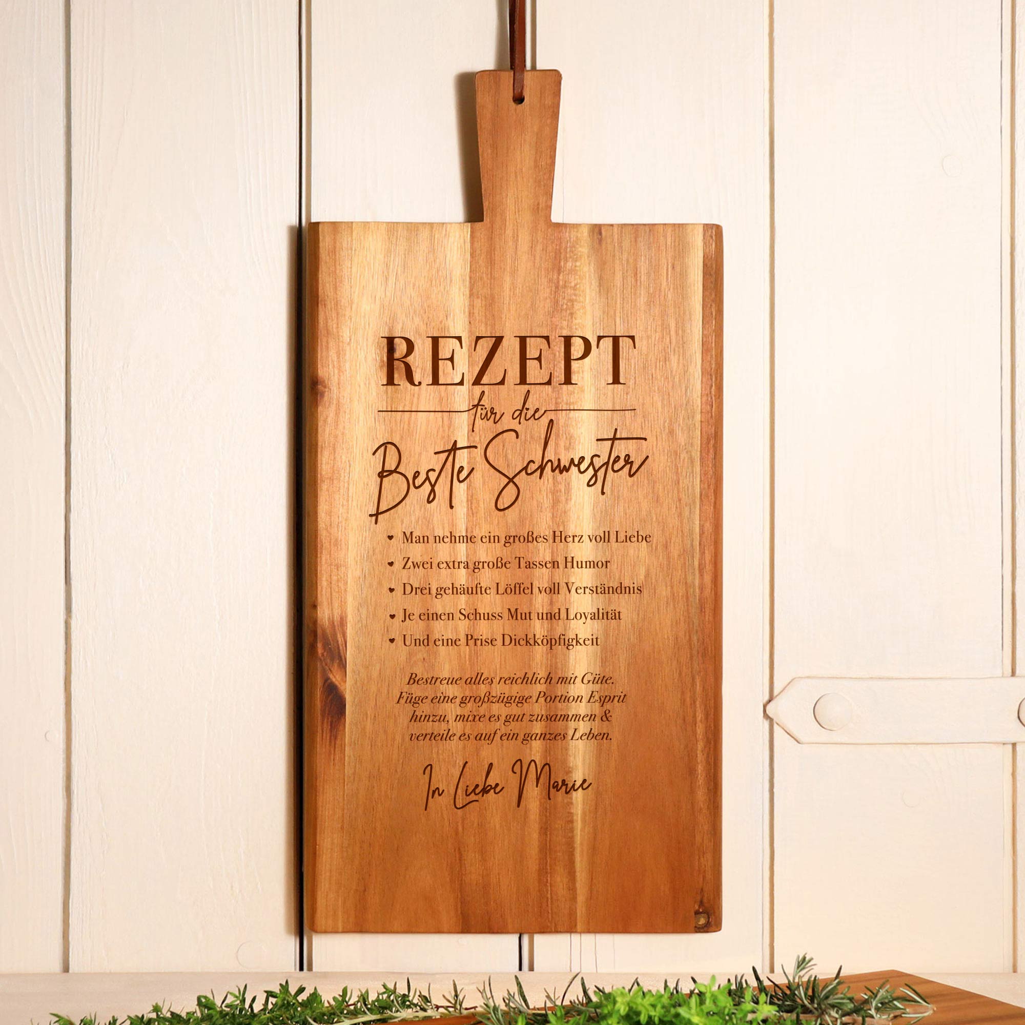 Schneidebrett mit Griff - Rezept Schwester - Personalisiert