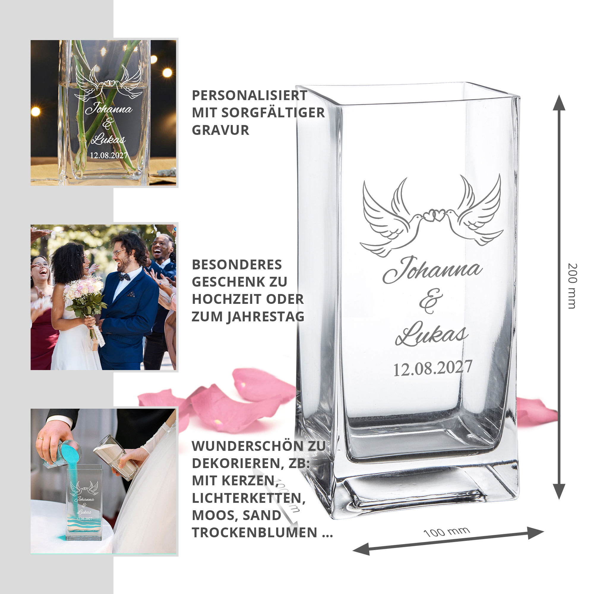 Vase Liebestauben - personalisiert Vase Liebestauben - personalisiert