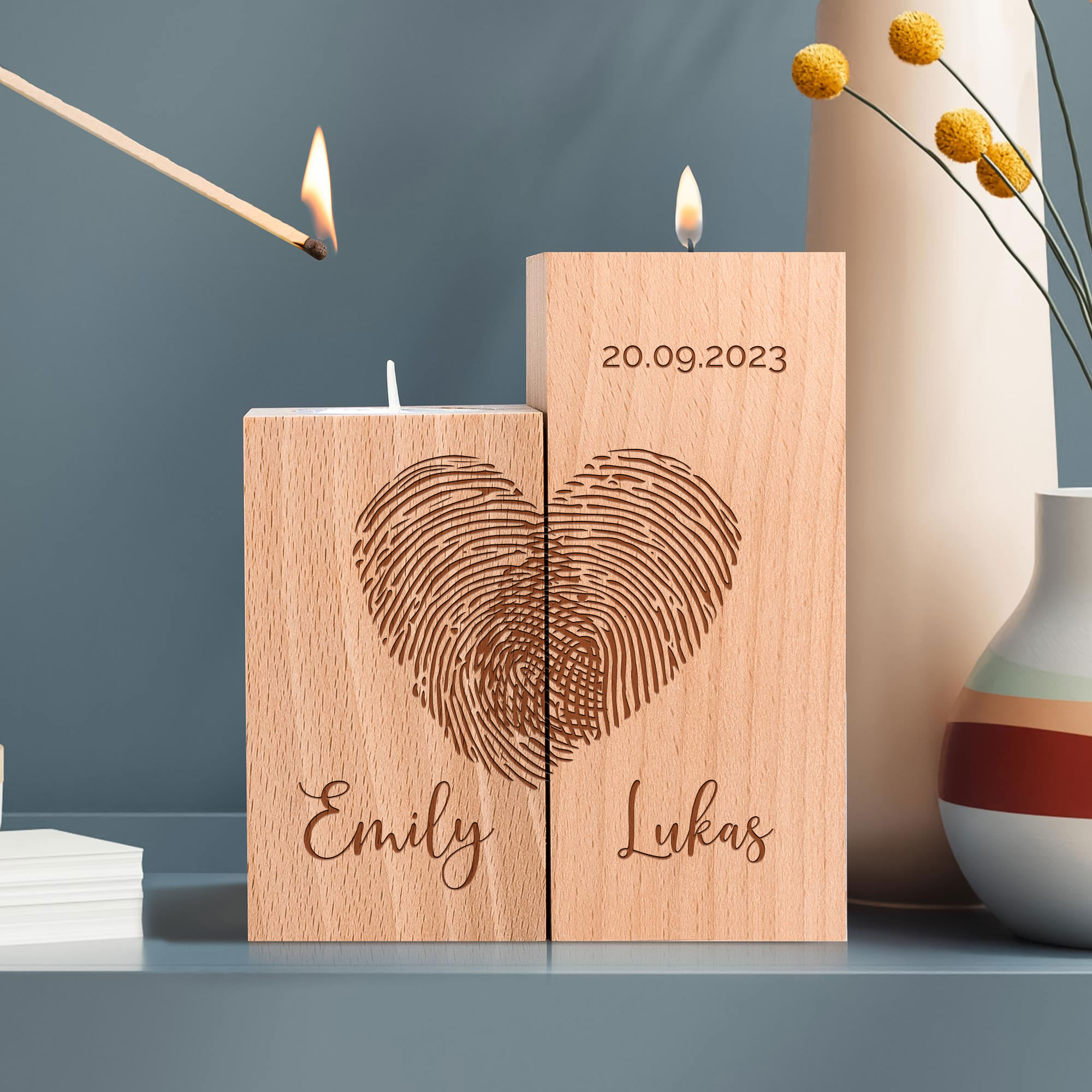 Teelichthalter Set - Eckig - Fingerabdruck Herz - Personalisiert