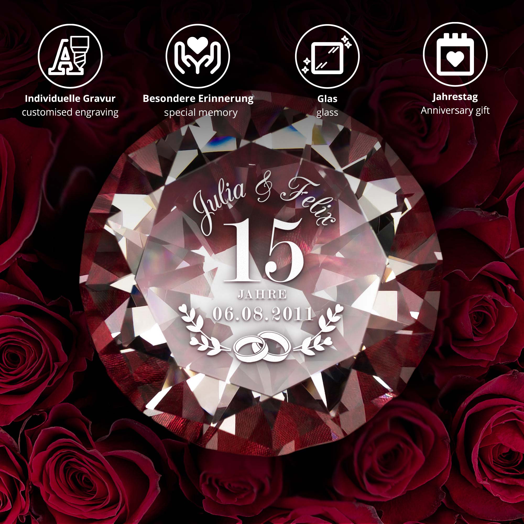 Diamant Kristall mit Gravur und Samtsäckchen - Kristallhochzeit