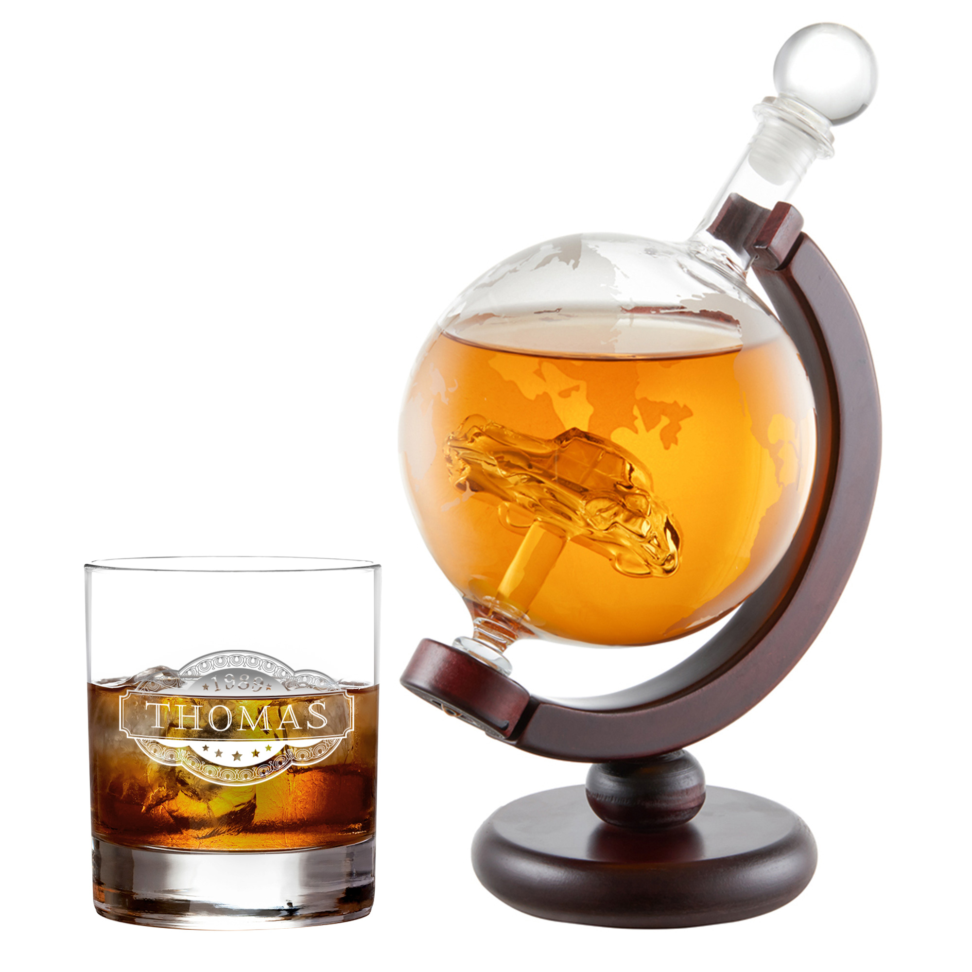 Whiskyset Globus Karaffe Auto und Whiskyglas mit Gravur - Banderole