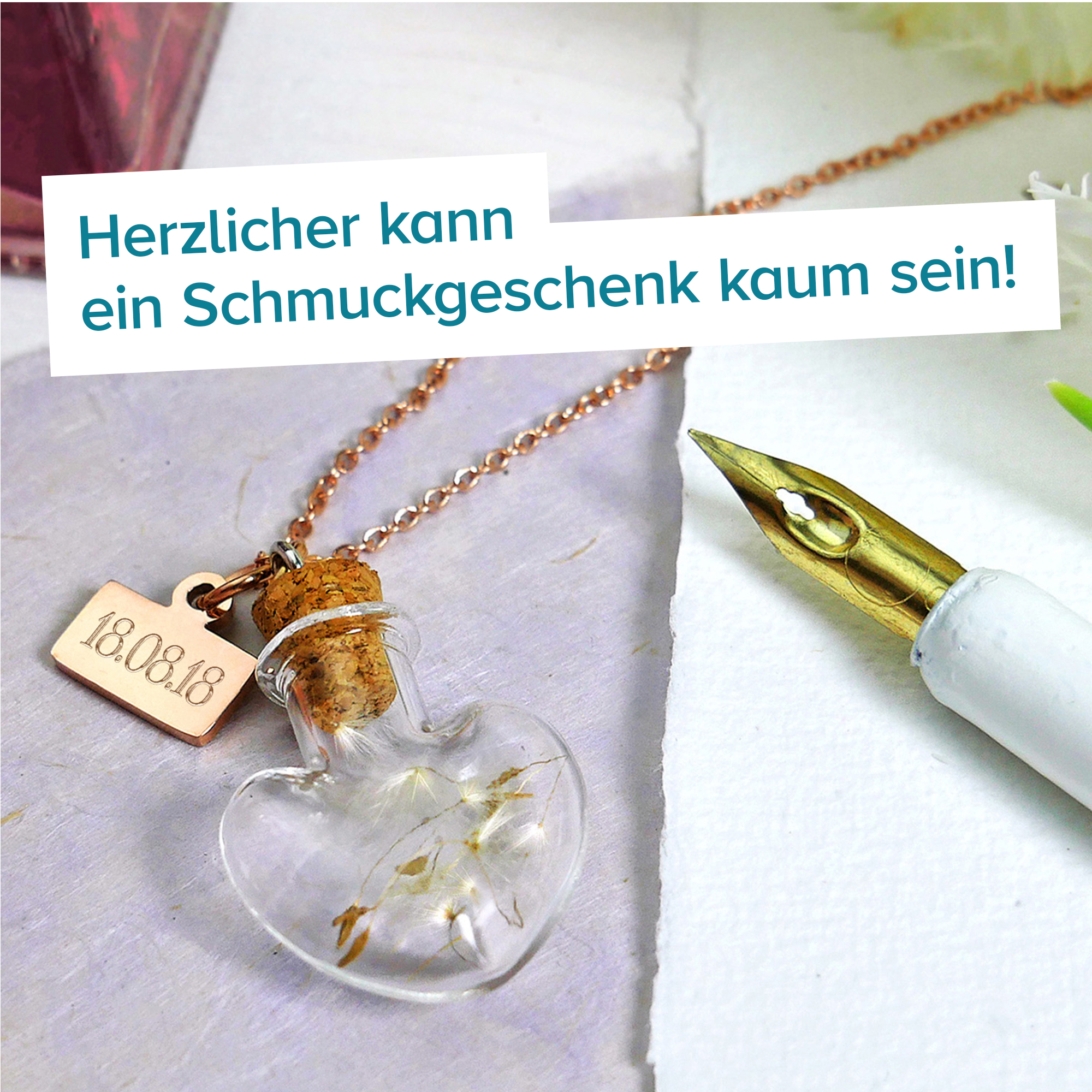 Herz Kettenanhänger Flaschenpost Rosegold - Datum Gravur 4016 - 7