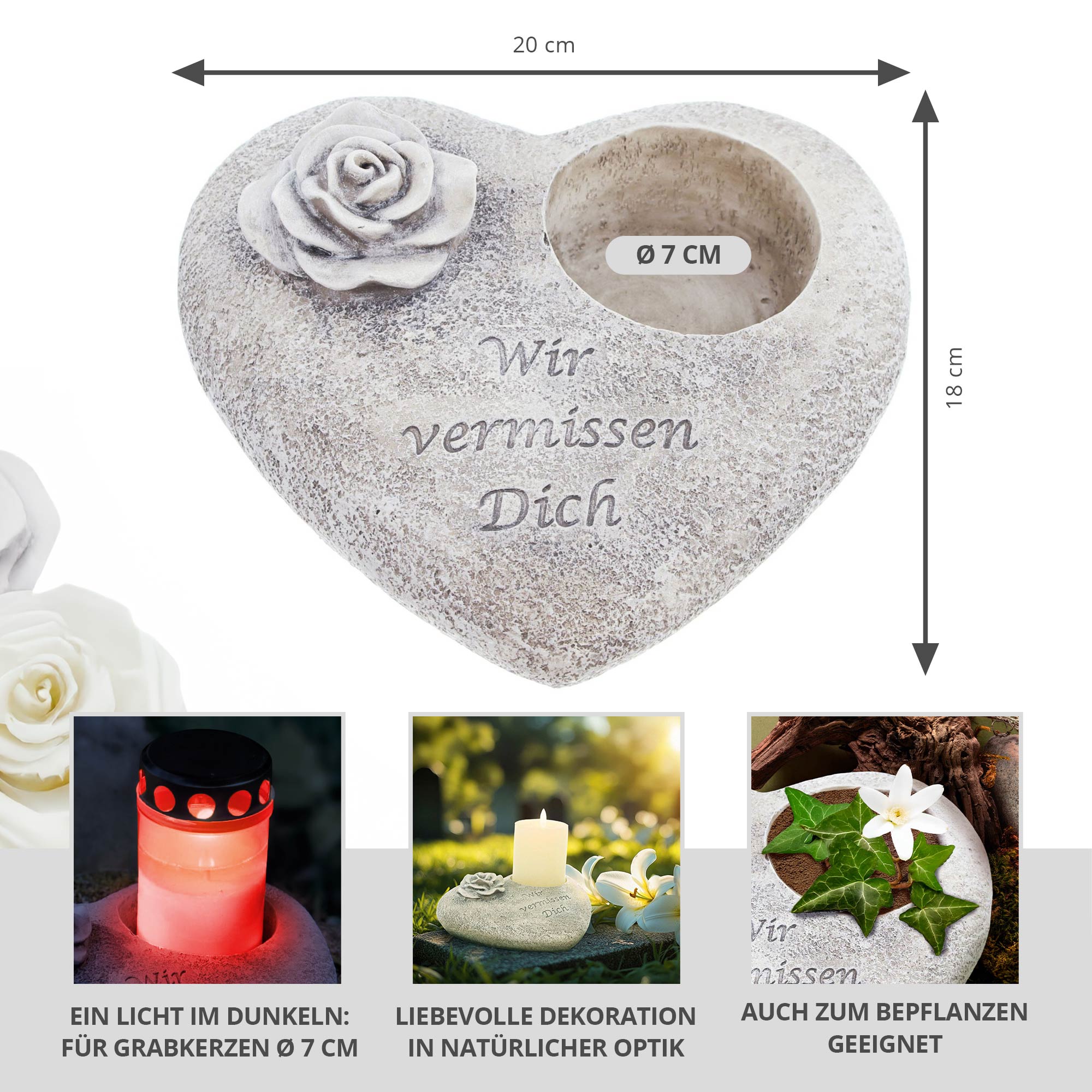 Grabherz Gedenkstein für Grabkerzen - Wir vermissen Dich