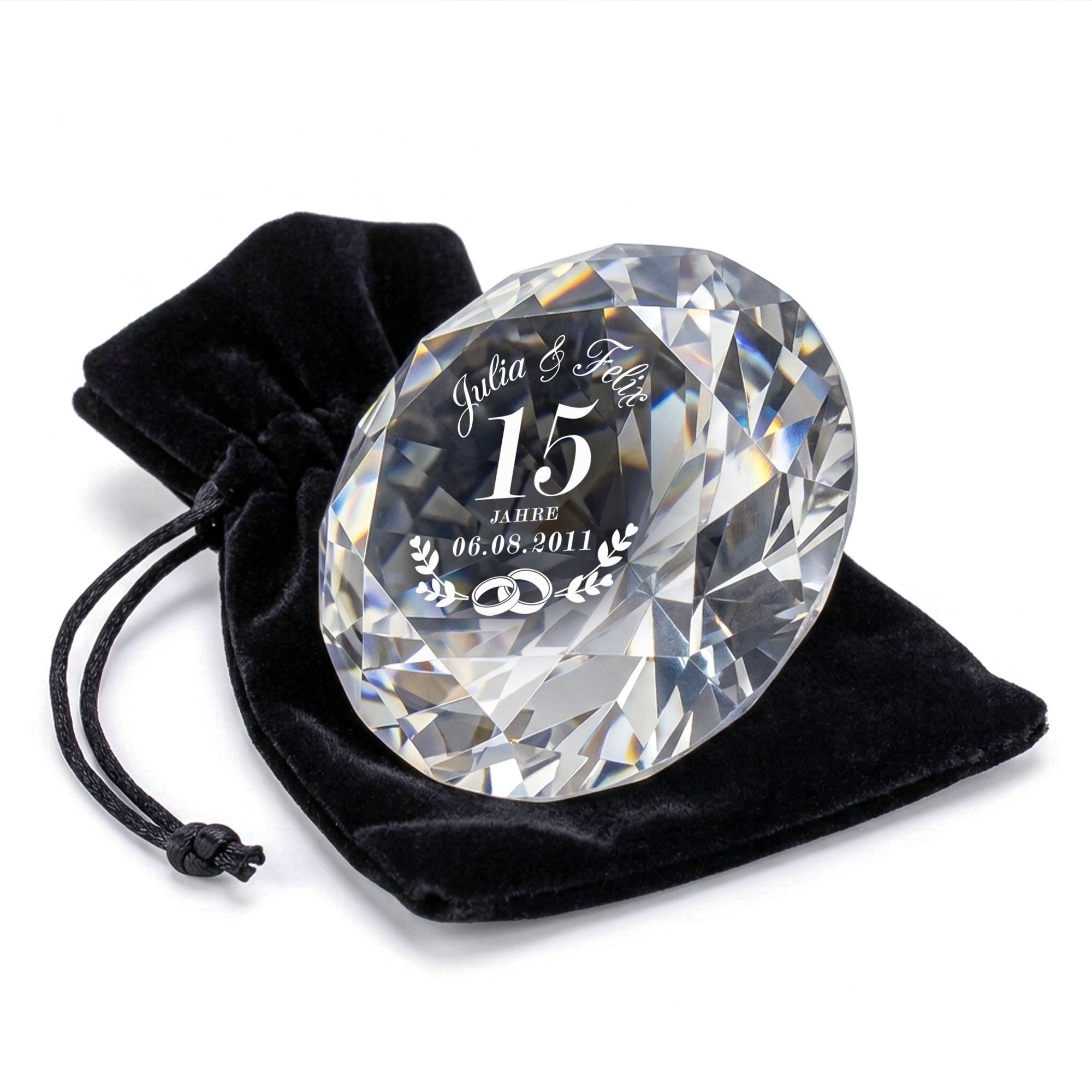 Diamant Kristall mit Gravur und Samtsäckchen - Kristallhochzeit