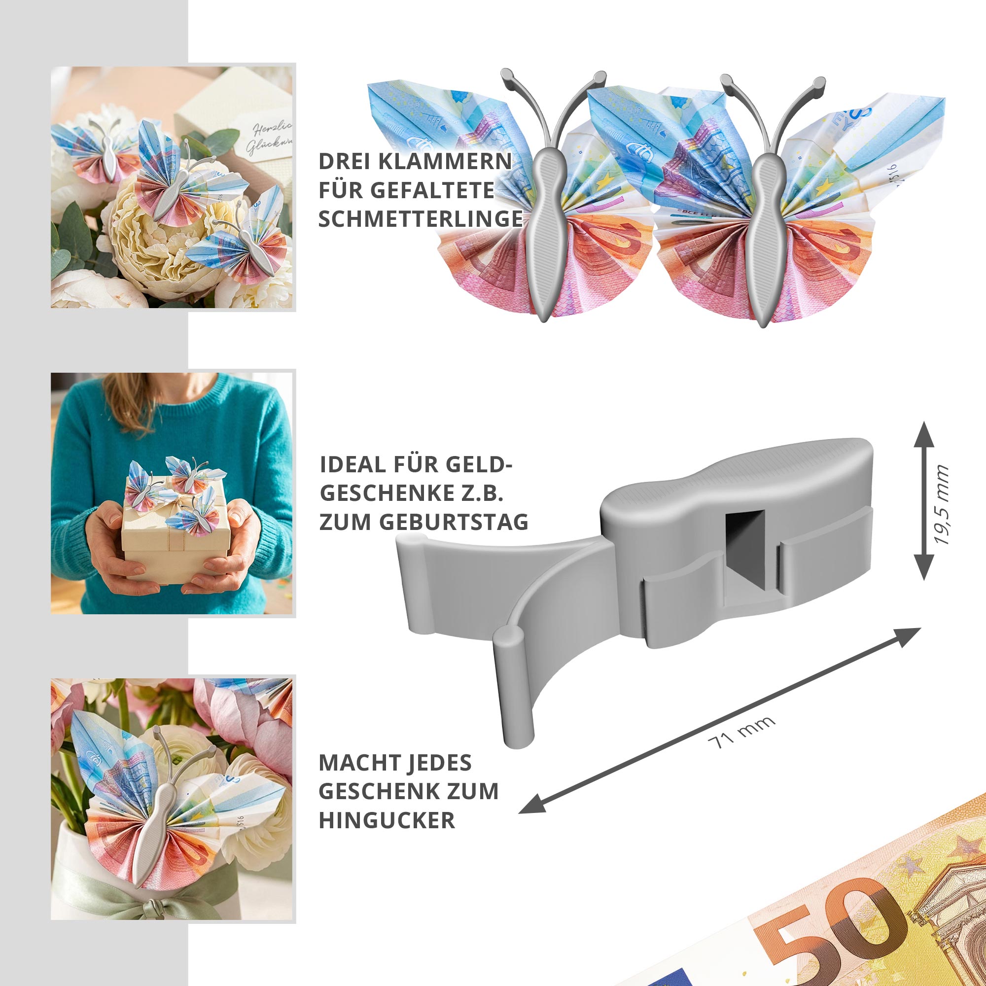 Geldgeschenk Schmetterling Silber - 3er Set Geschenkverpackung für Geld