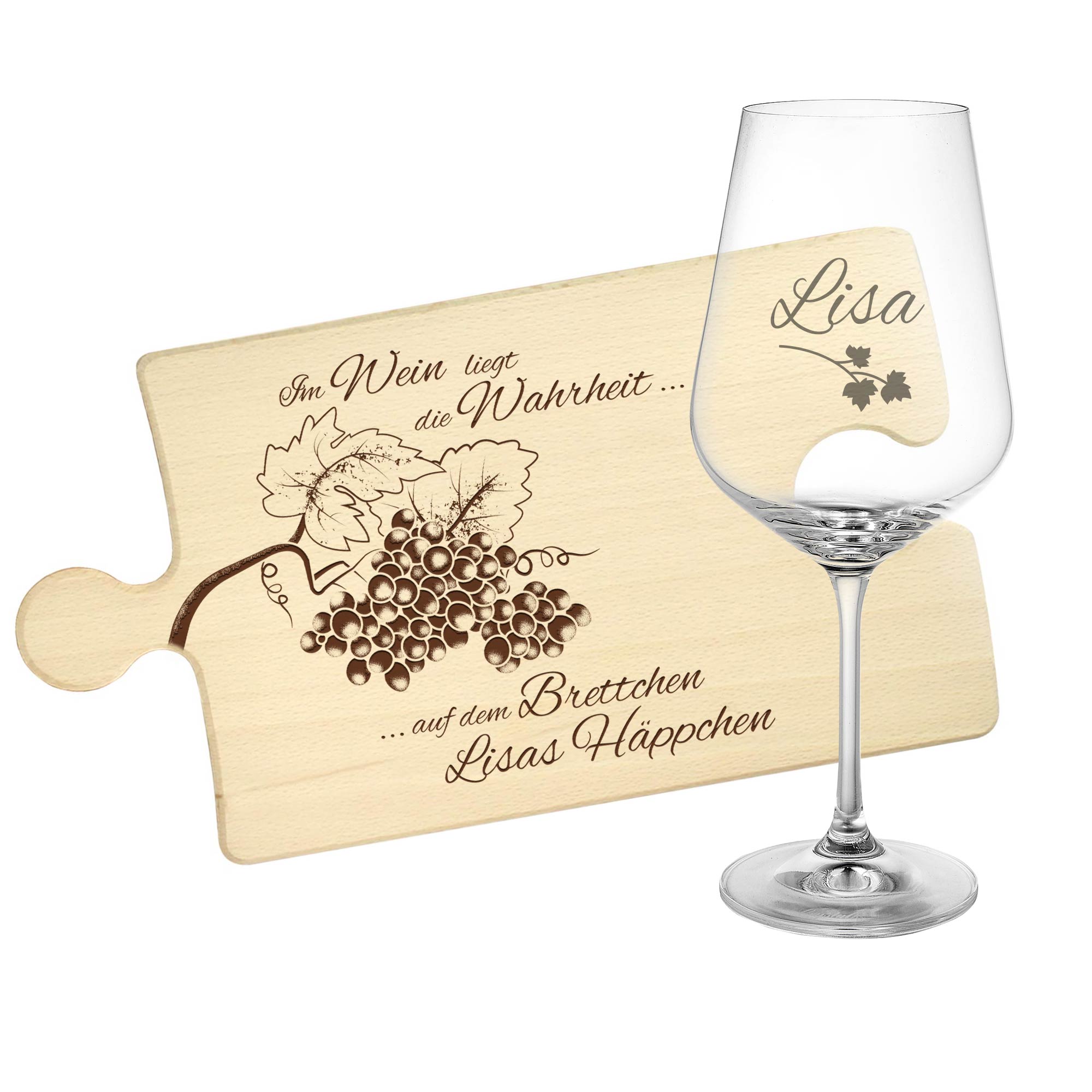 Weinhäppchen - Glas und Puzzle Brettchen personalisiert Weinhäppchen - Glas und Puzzle Brettchen personalisiert