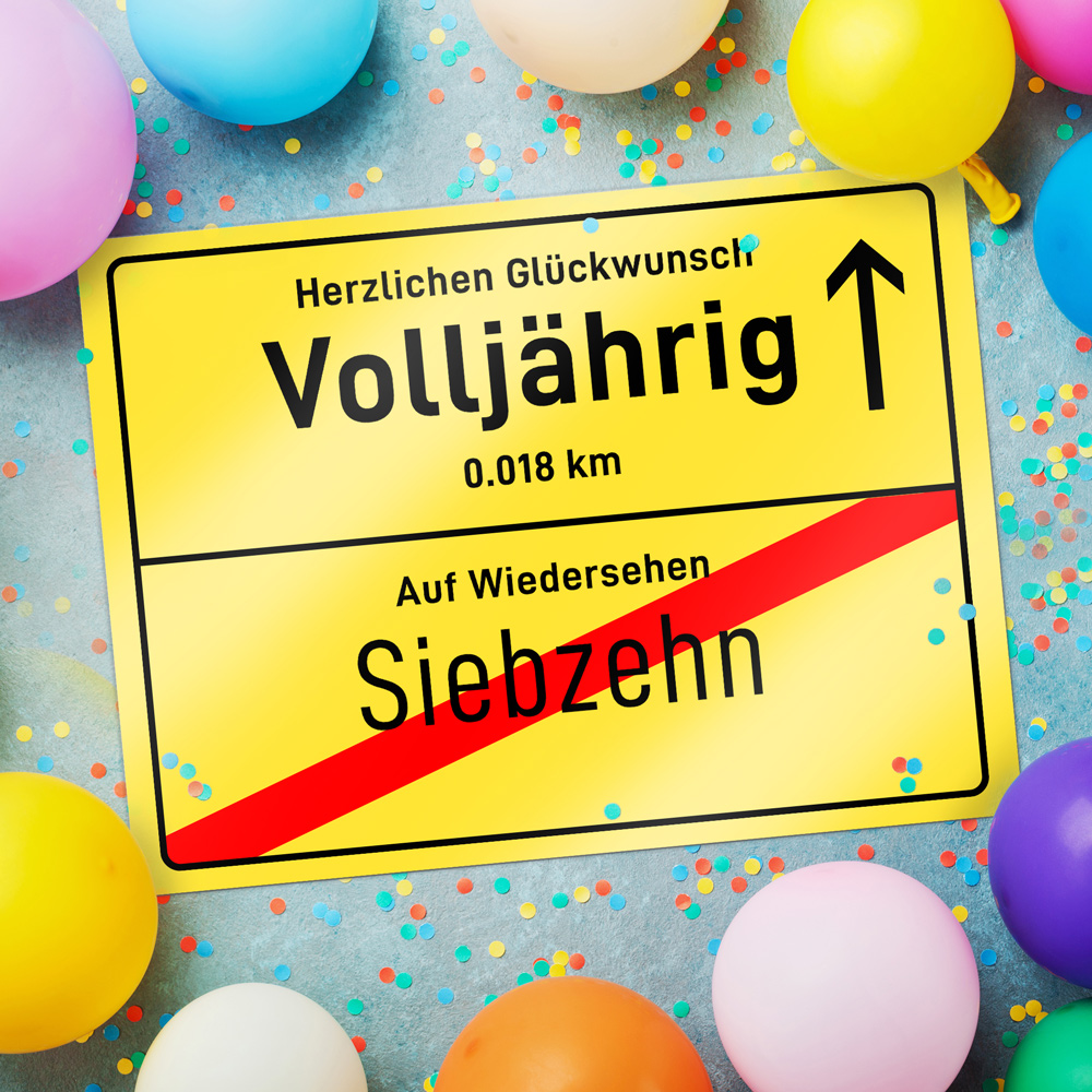 Gelbes Ortsschild zum 18. Geburtstag eines Jugendlichen