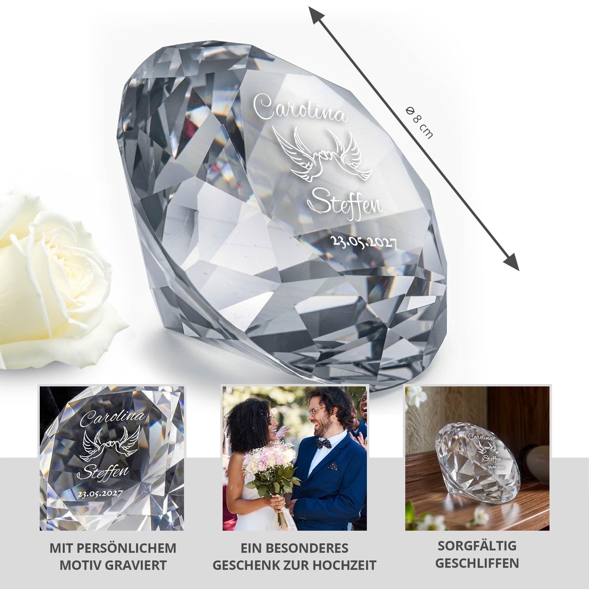 Diamant Kristall mit Gravur und Samtsäckchen - Liebestauben Diamant Kristall mit Gravur und Samtsäckchen - Liebestauben