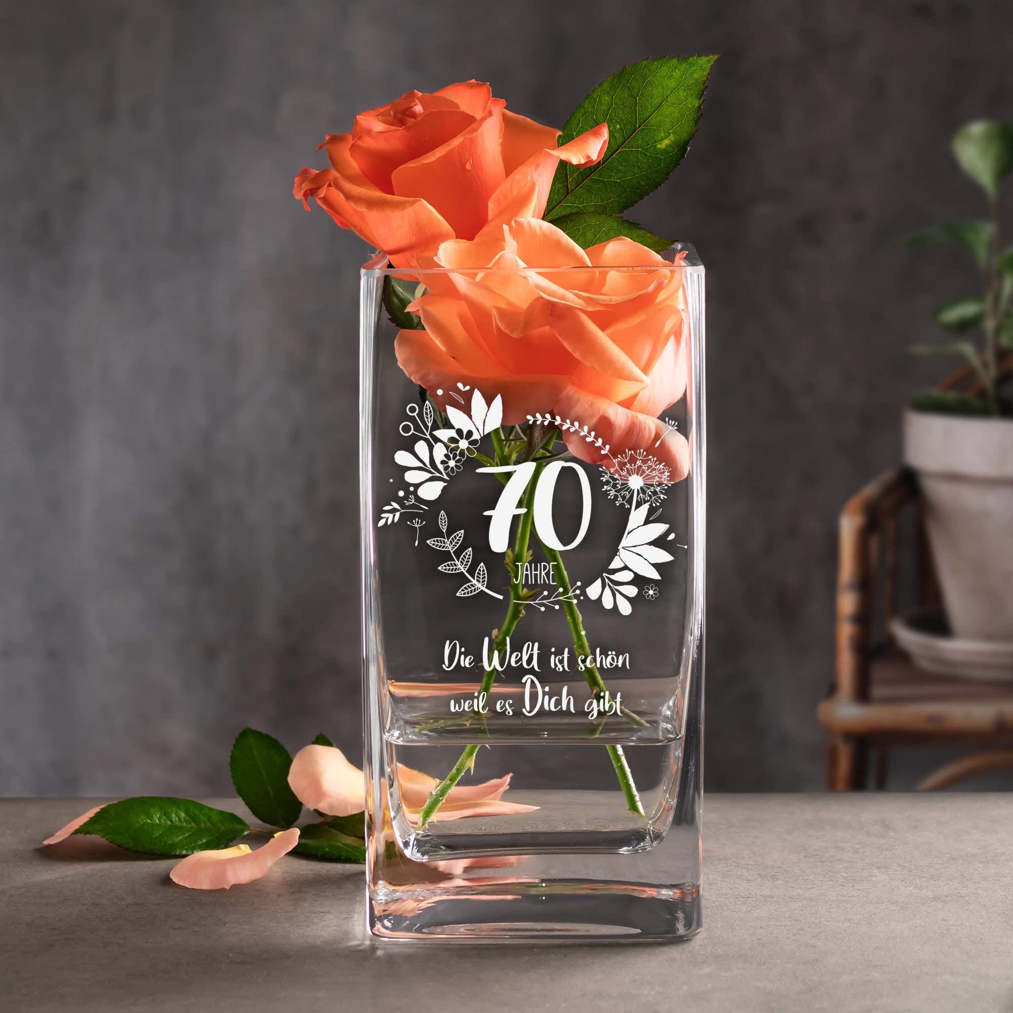 Eckige Vase mit Gravur - 70. Geburtstag