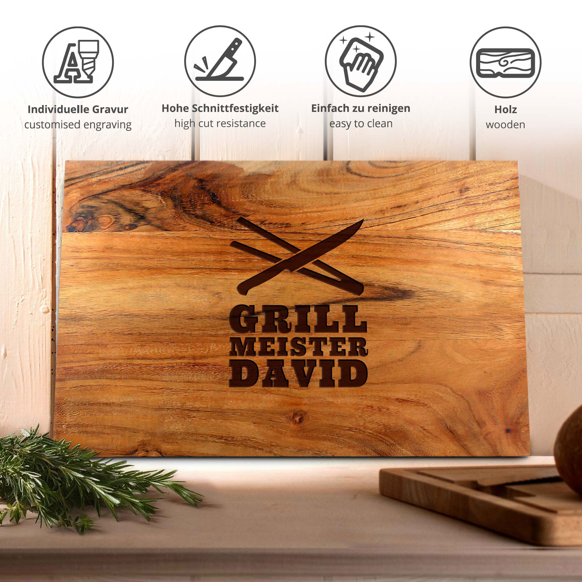 Schneideblock mit Griffmulden - Grillmeister Gravur