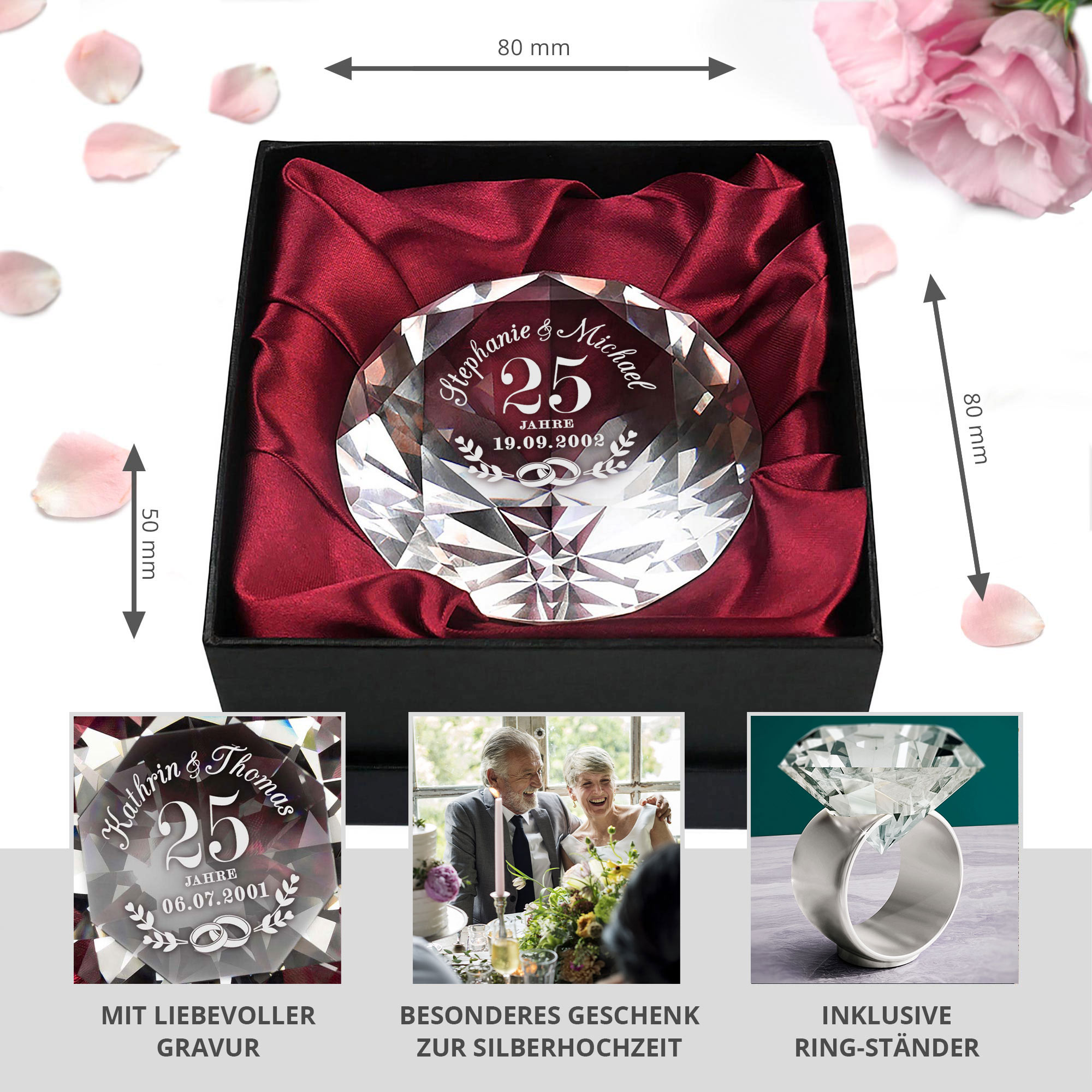 Diamant Kristall mit Gravur zur Silberhochzeit und Ring Displayständer Silber