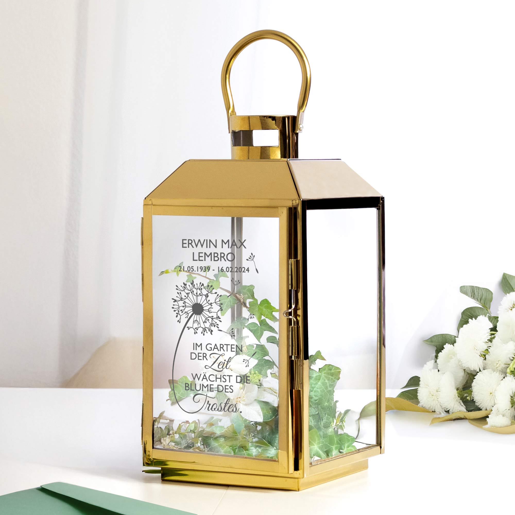 Gold Laterne mit Gravur - Trauerblume