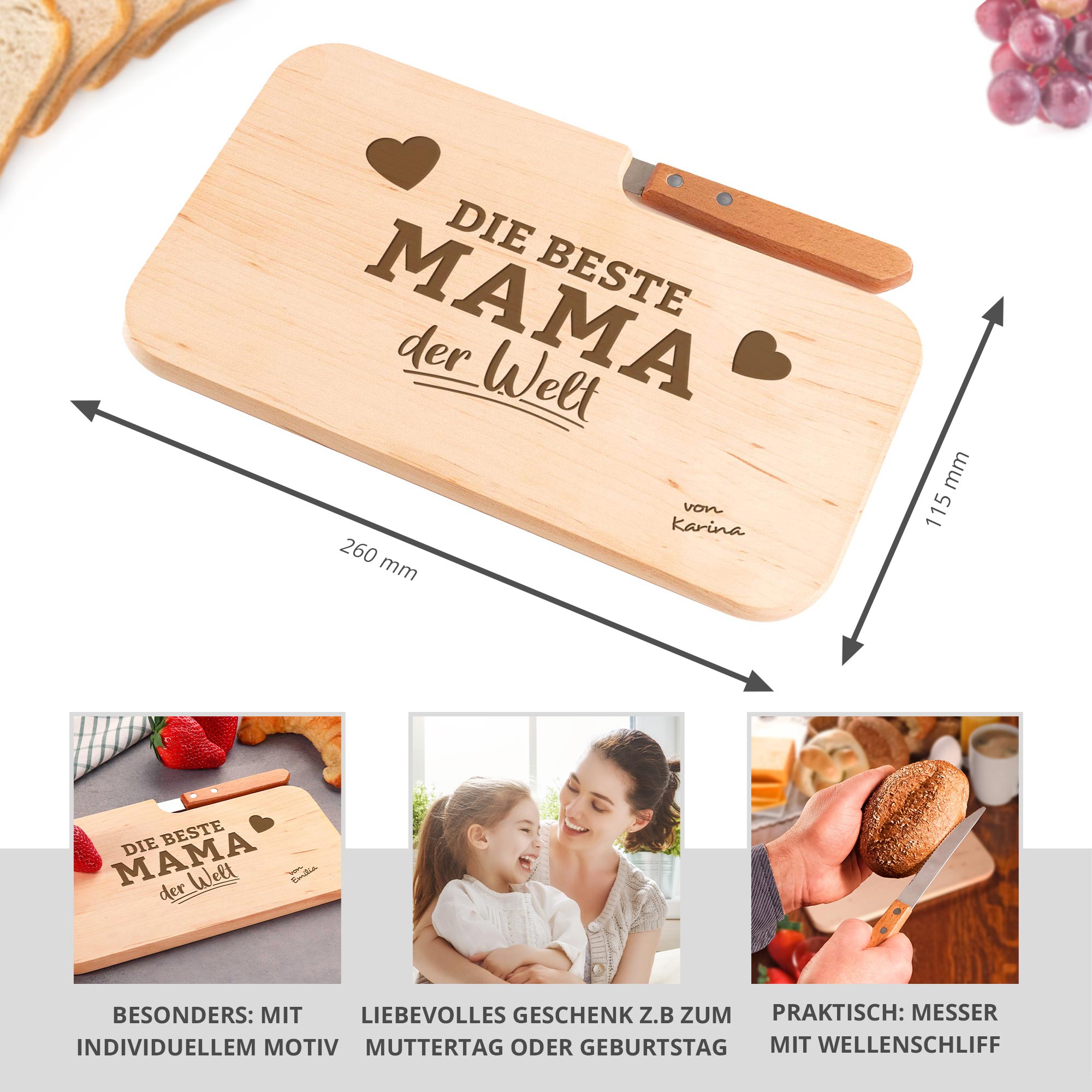 Frühstücksbrett mit Messer für Beste Mama - Name