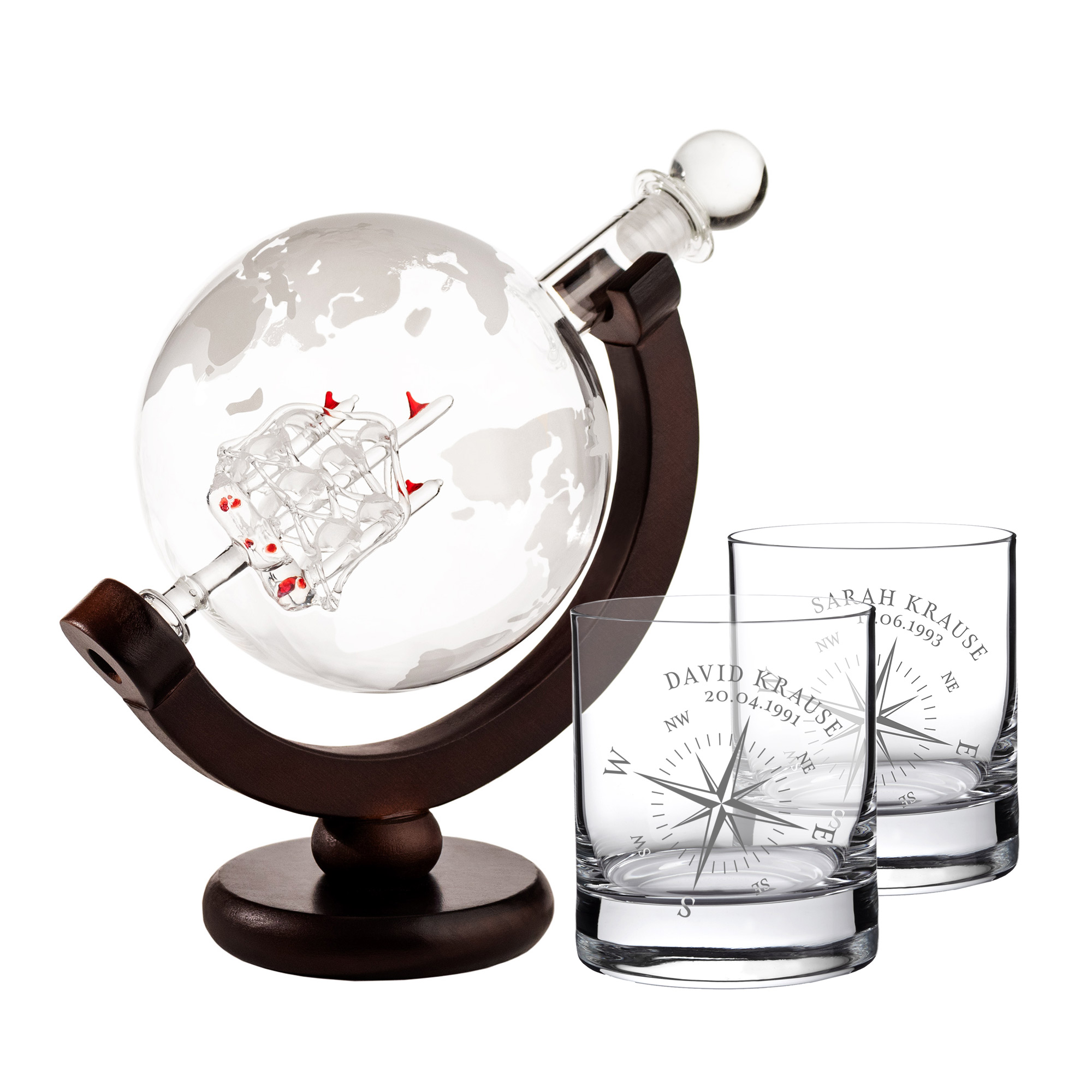Set mit Globus Karaffe und 2 Whiskygläsern - Kompass Gravur 4134 - 5