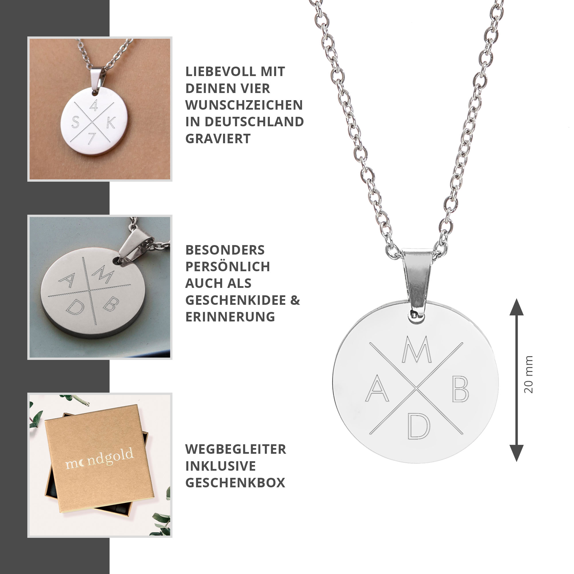 Kette Kreis M - Silber - 4 Initialen - Personalisiert